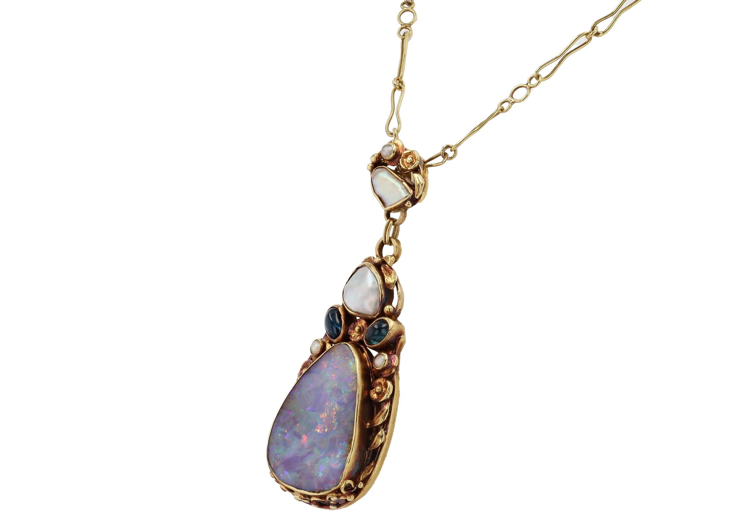 Art Nouveau Boulder Opal Pearl & Sapphire Necklace In Good Condition For Sale In Santa Barbara, CA