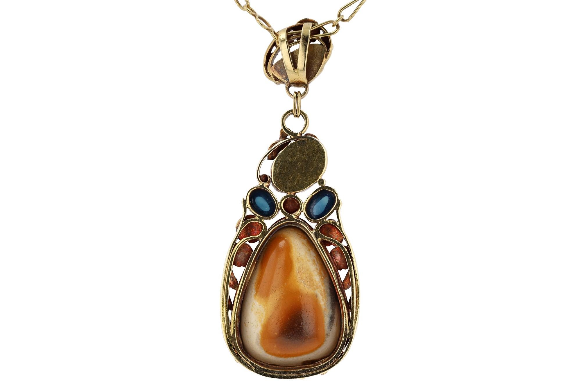 Women's or Men's Art Nouveau Boulder Opal Pearl & Sapphire Necklace For Sale