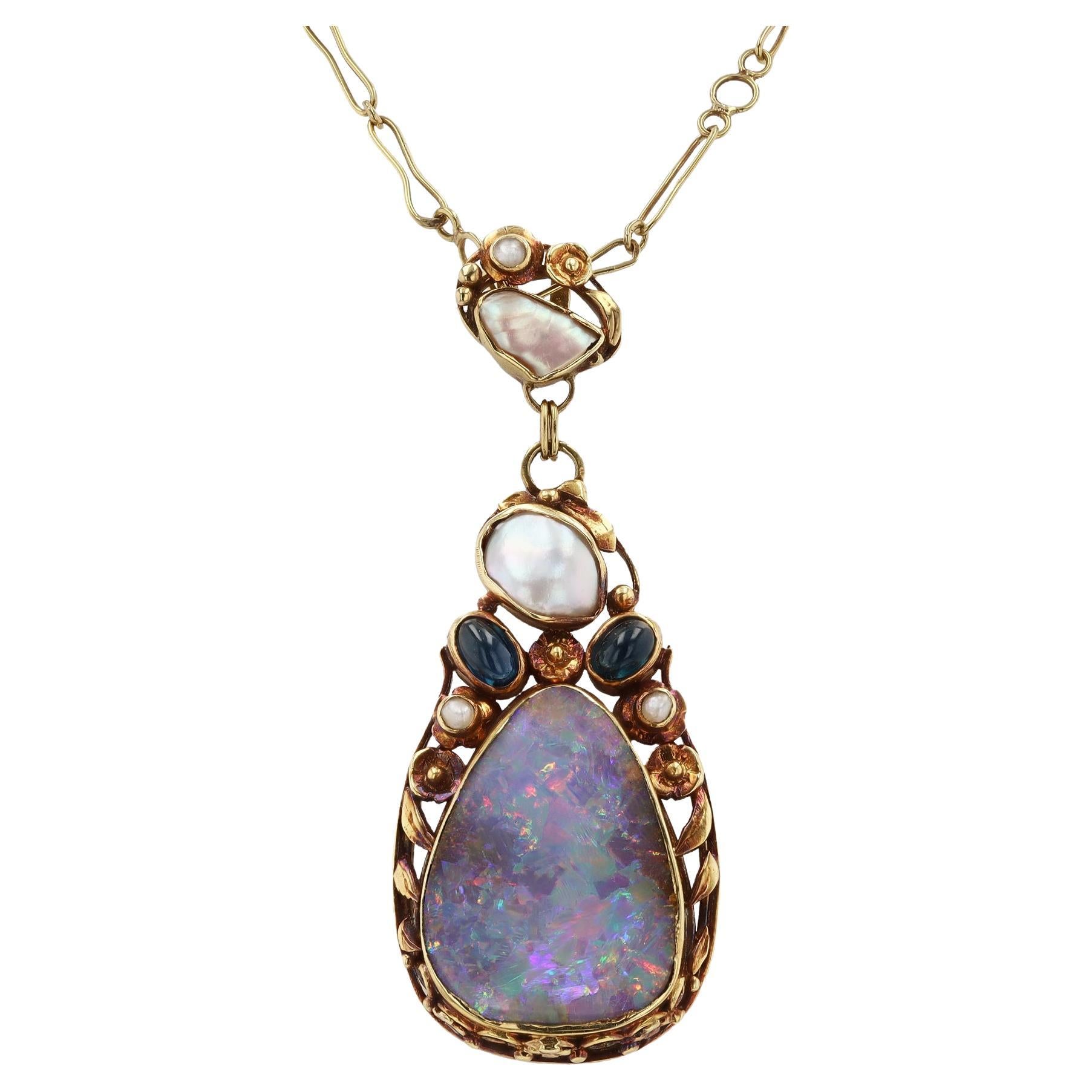Art Nouveau Boulder Opal Pearl & Sapphire Necklace For Sale