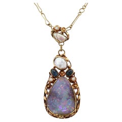 Antique Art Nouveau Boulder Opal Pearl & Sapphire Necklace