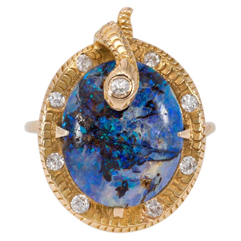 Art Nouveau Boulder Opal Ring with Textured Gold and Diamond Serpent Motif