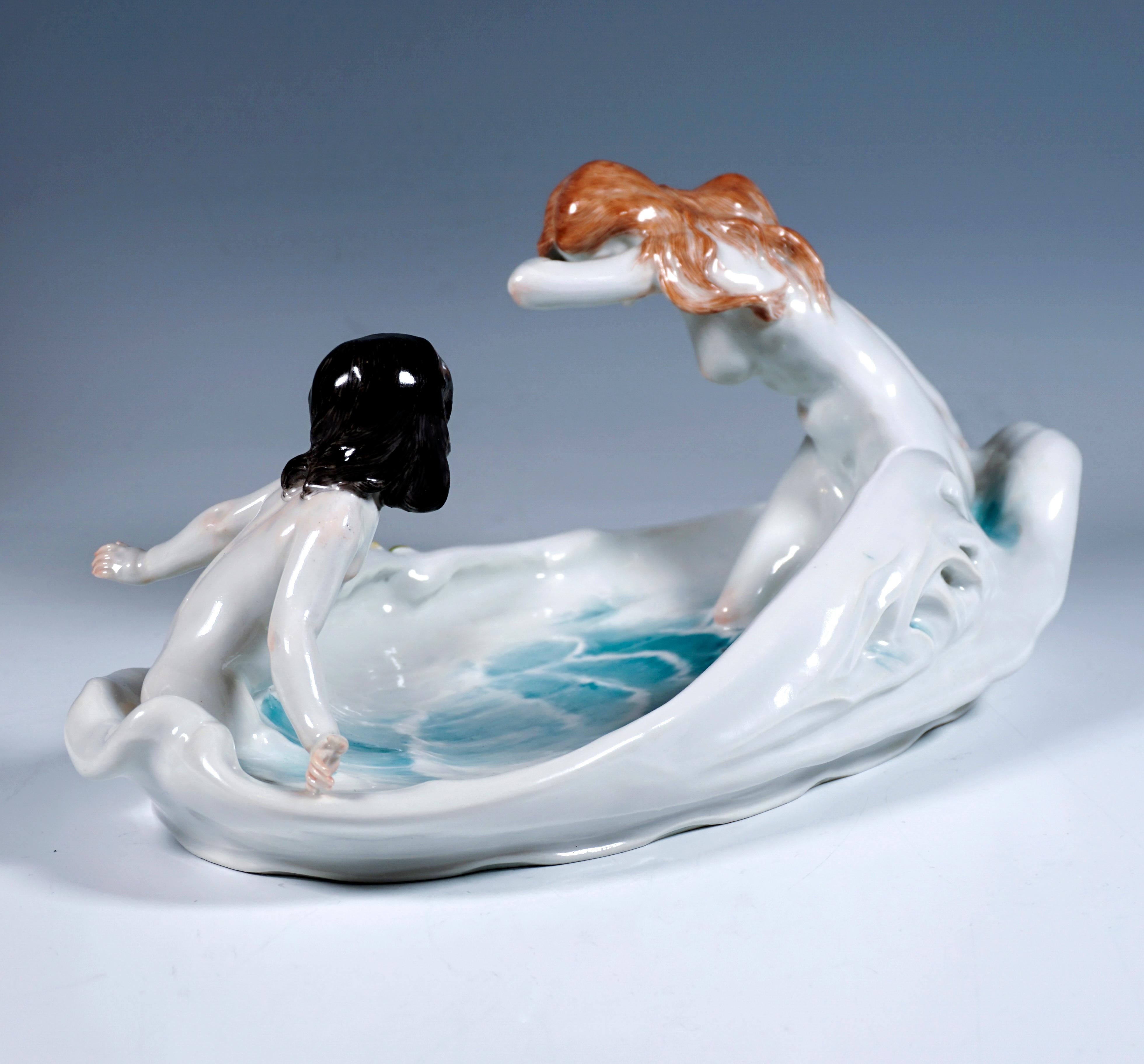 Hand-Crafted Art Nouveau Bowl with Nymph and Girl, by P. Helmig, Meissen Germany, ca 1910 For Sale