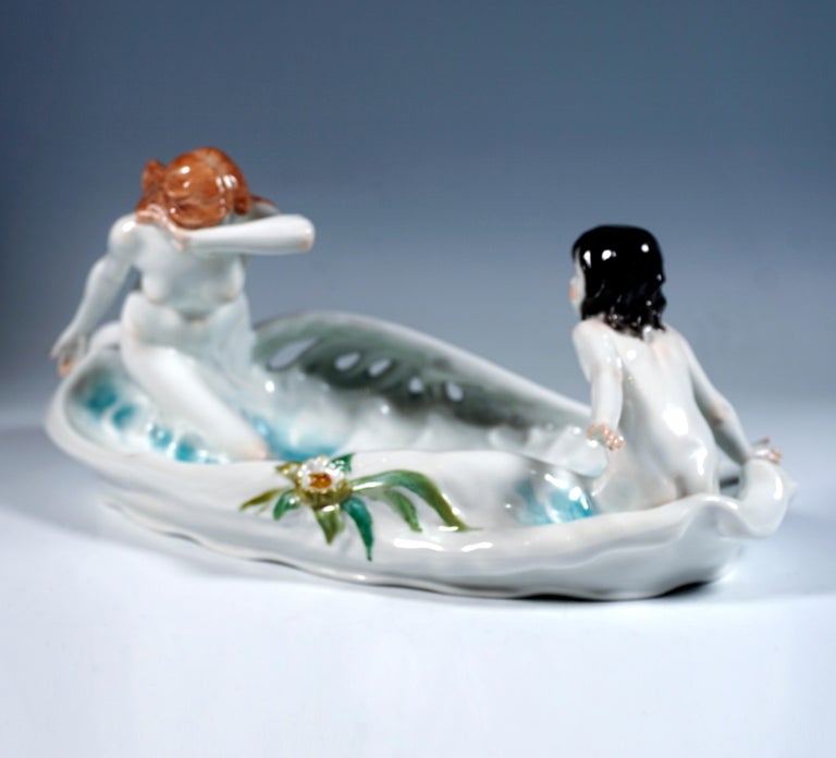 Early 20th Century Art Nouveau Bowl with Nymph and Girl, by P. Helmig, Meissen Germany, ca 1910 For Sale