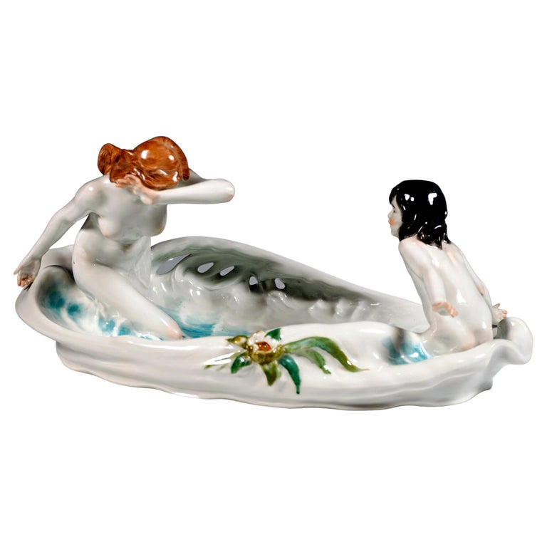 Art Nouveau Bowl with Nymph and Girl, by P. Helmig, Meissen Germany, ca 1910 For Sale