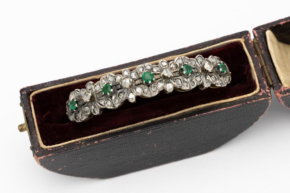 Old Mine Cut Art Nouveau bracelet with diamonds and emeralds, Russia, late 19th century. For Sale