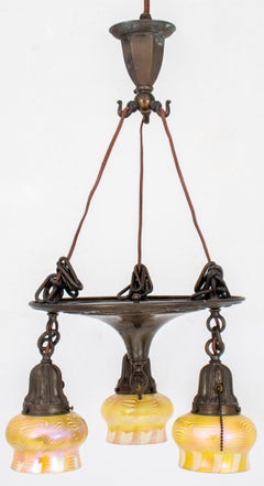 Art Nouveau Brass 3-Arm Quezal-Shaded Chandelier