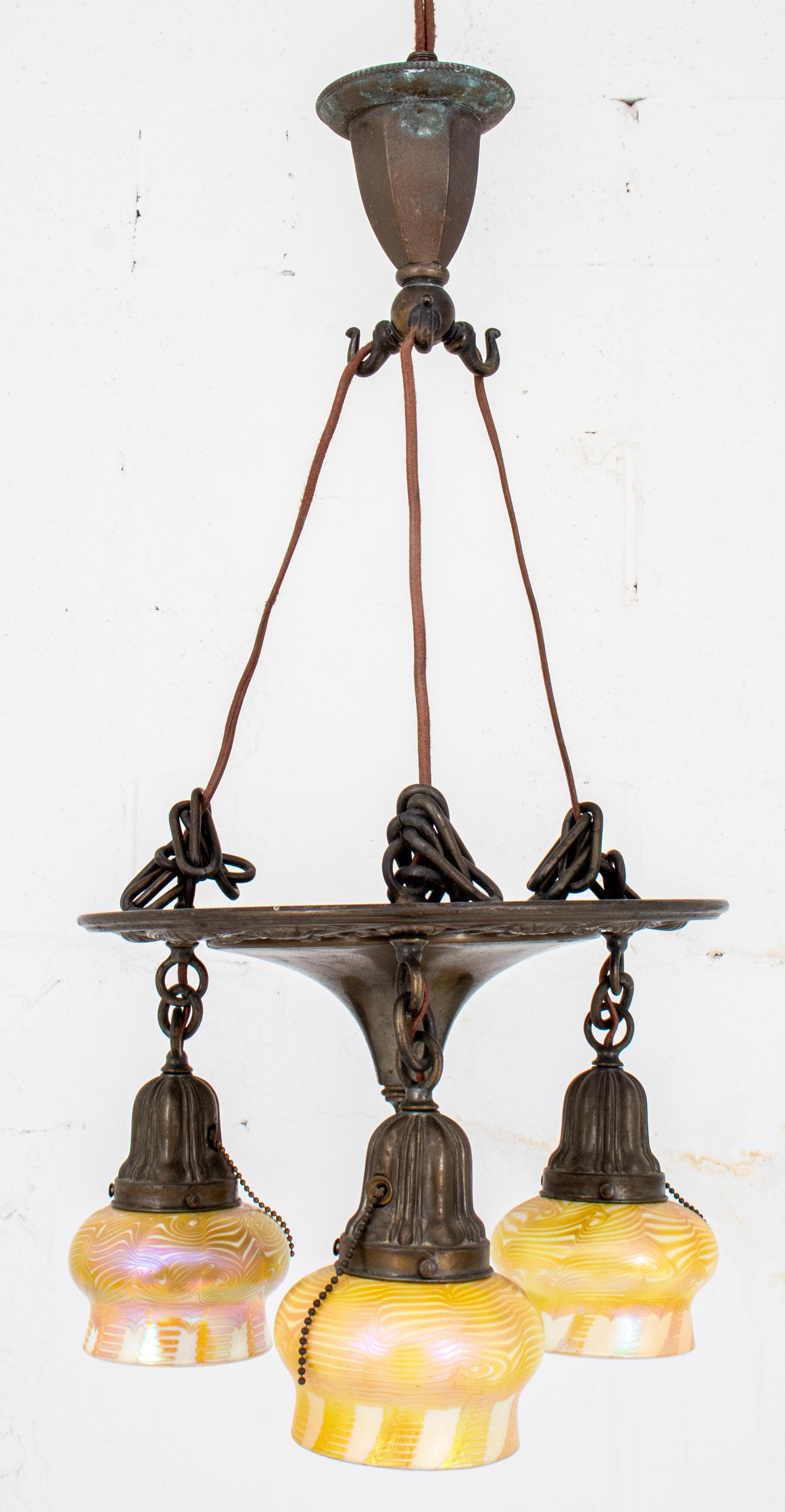 Art Nouveau Brass 3-Arm Quezal-Shaded Chandelier In Good Condition In New York, NY