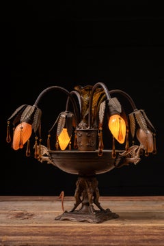 Art Nouveau Brass and Amber Glass Tear Drop Epergne Lamp