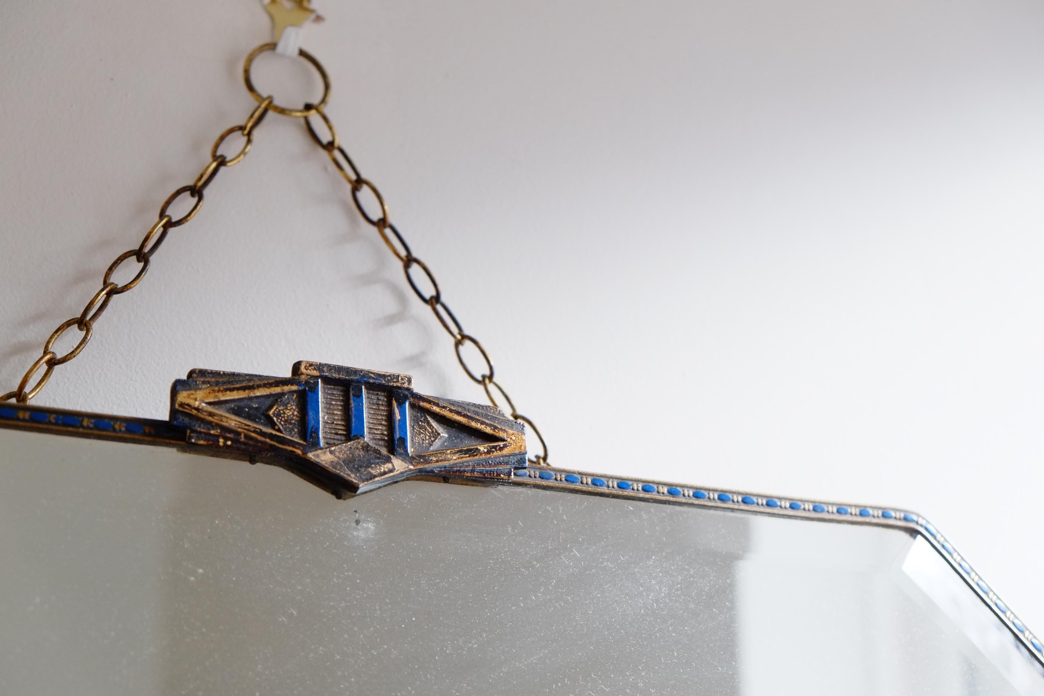 Smaltato Specchio Art Nouveau in ottone e smalto blu in vendita