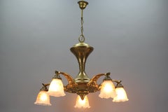 Art Nouveau Brass and Bronze Five-Light Chandelier with Frosted Glass Shades
