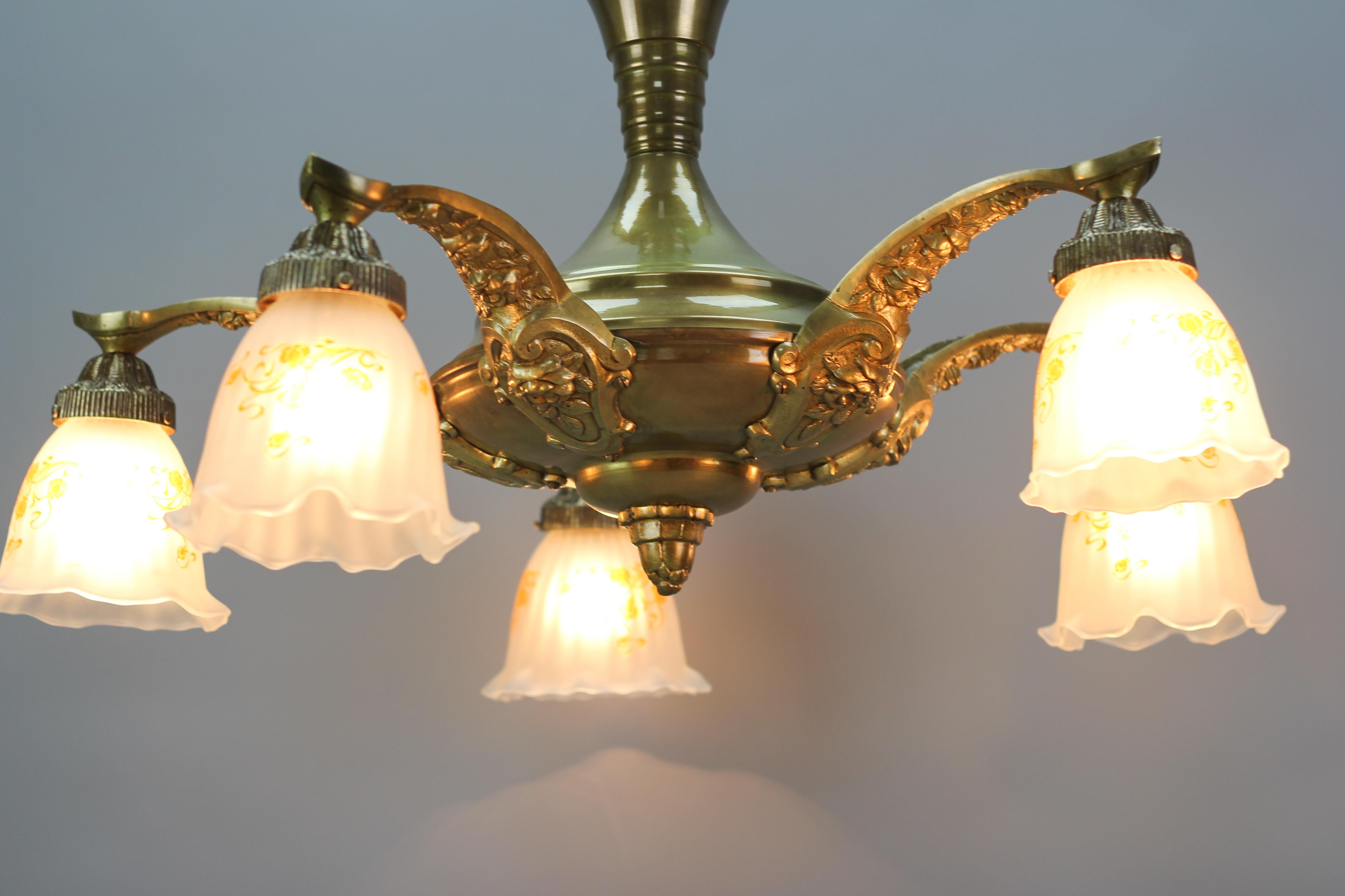 Art Nouveau Brass and Bronze Five-Light Chandelier with Frosted Glass Shades For Sale 1