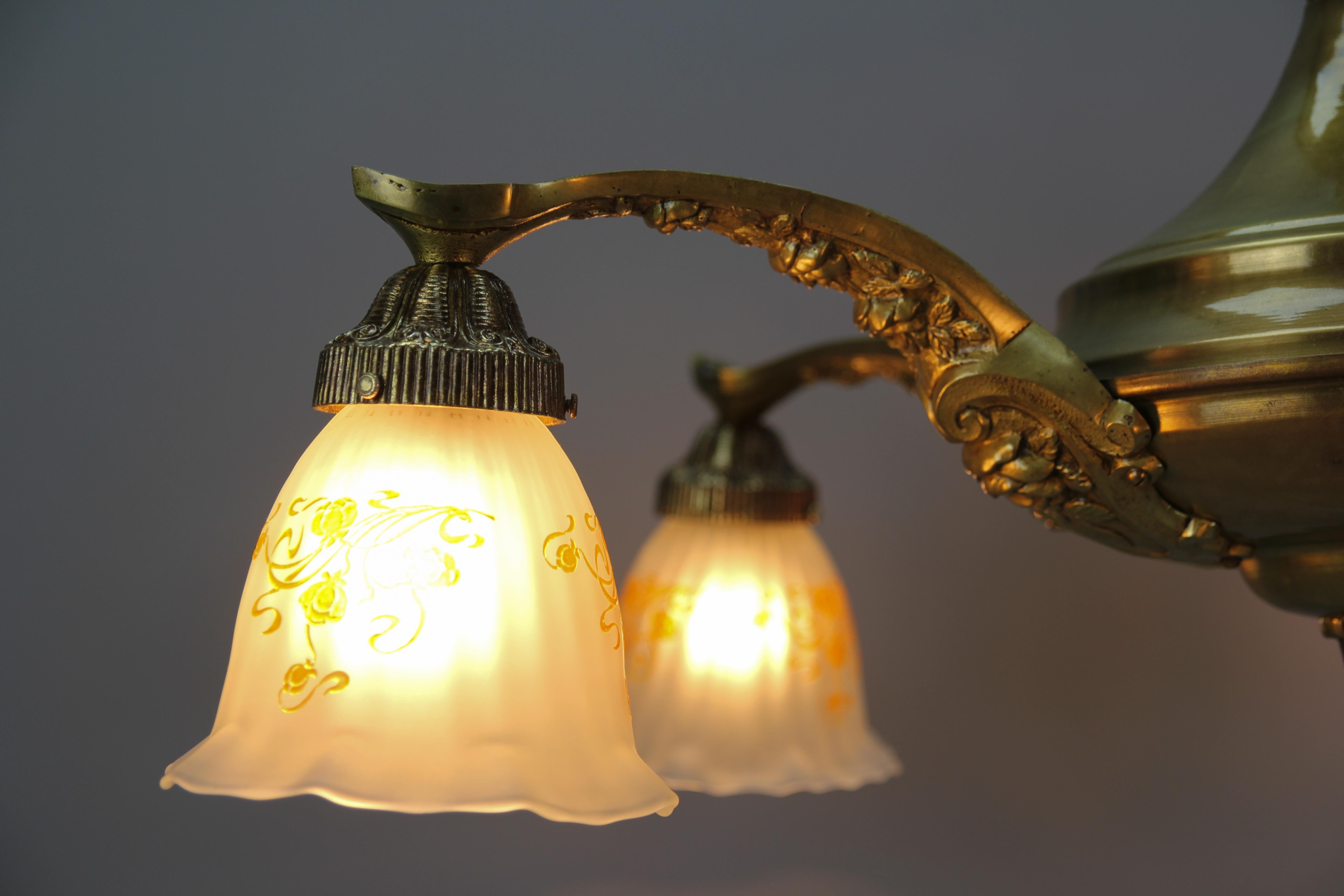 Art Nouveau Brass and Bronze Five-Light Chandelier with Frosted Glass Shades For Sale 3