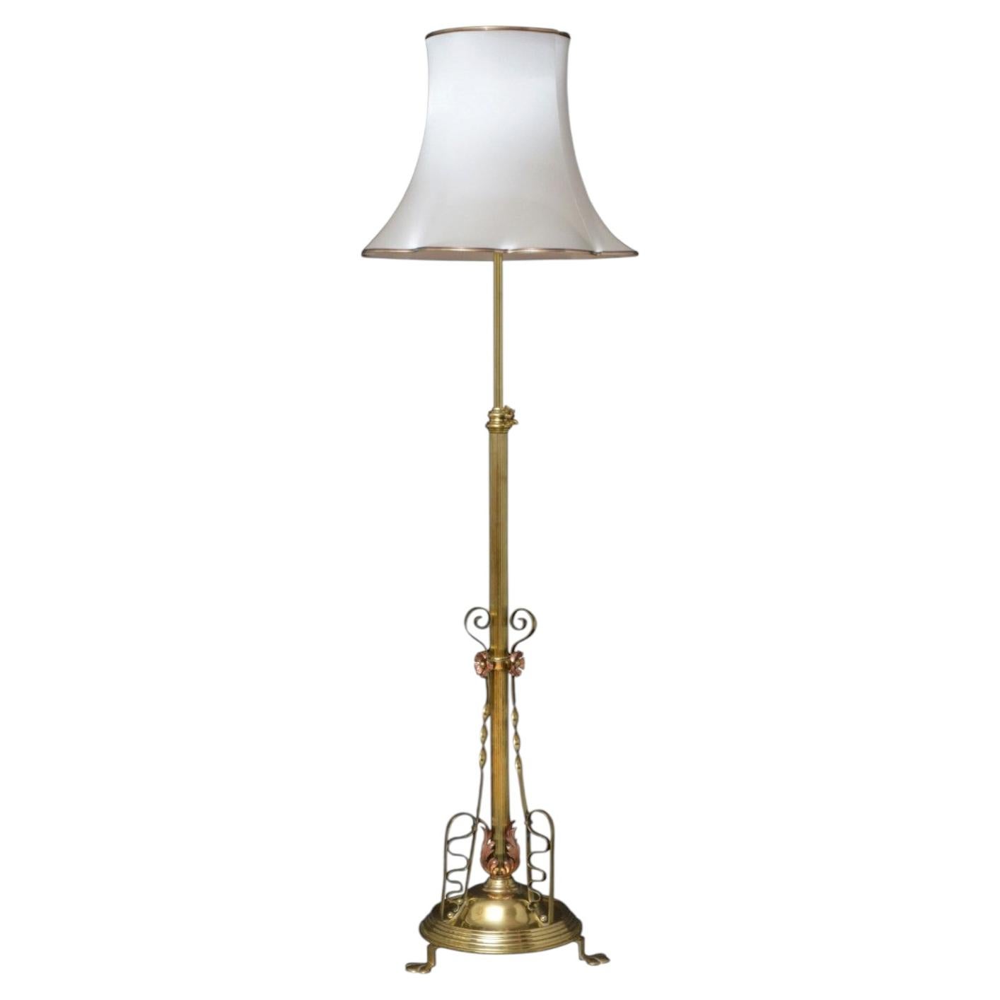 Art Nouveau Brass and Copper Height Adjustable Standard Lamp For Sale