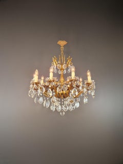 Art Nouveau brass and crystal chandelier with golden foliage Antique