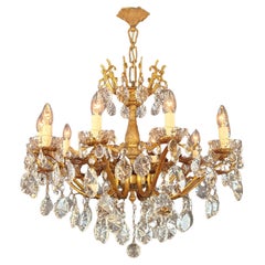 Lustre Art Nouveau en laiton et cristal avec feuillage doré Antique