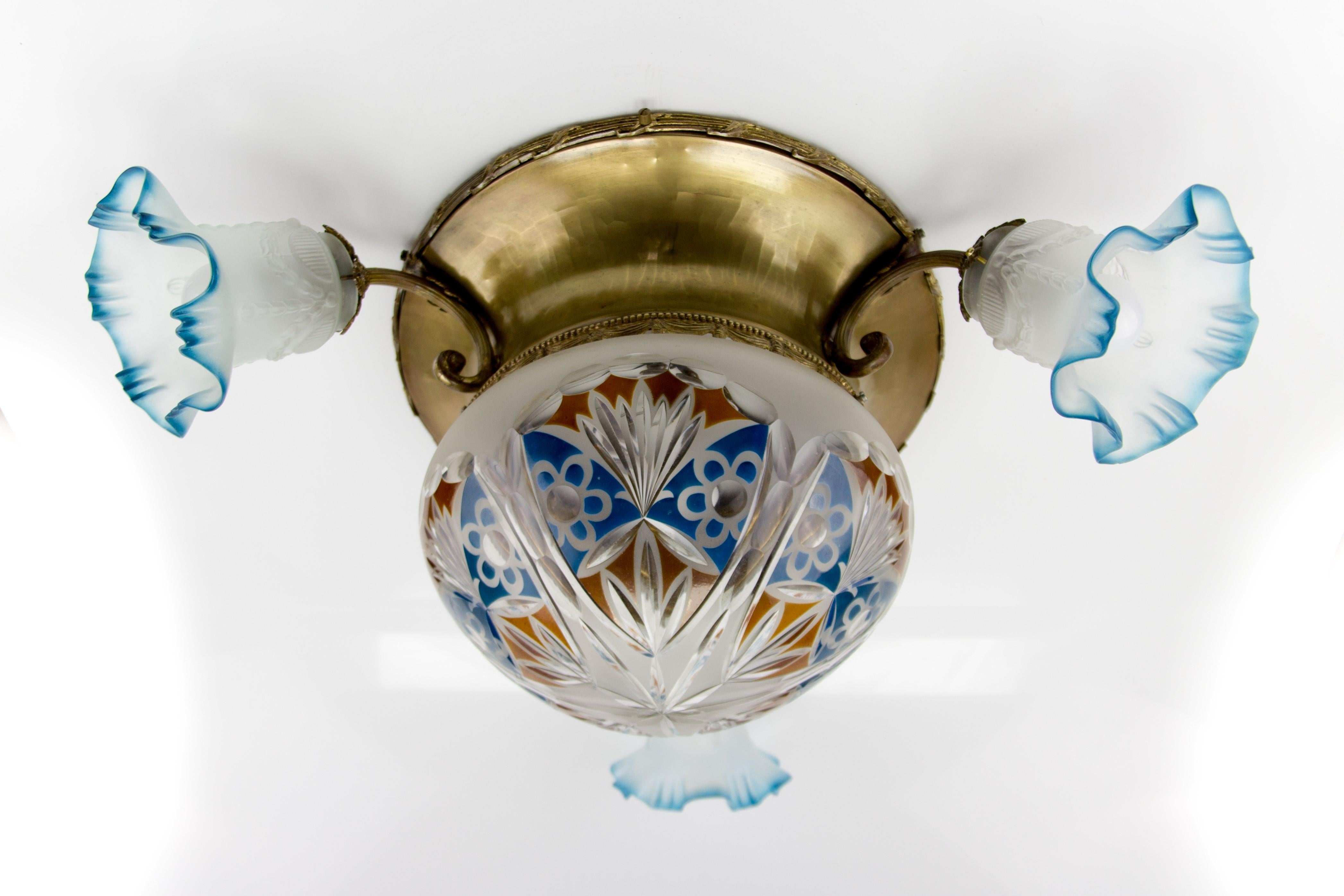 Belgian Art Nouveau Brass and Frosted White, Blue and Red Glass Four-Light Flush Mount