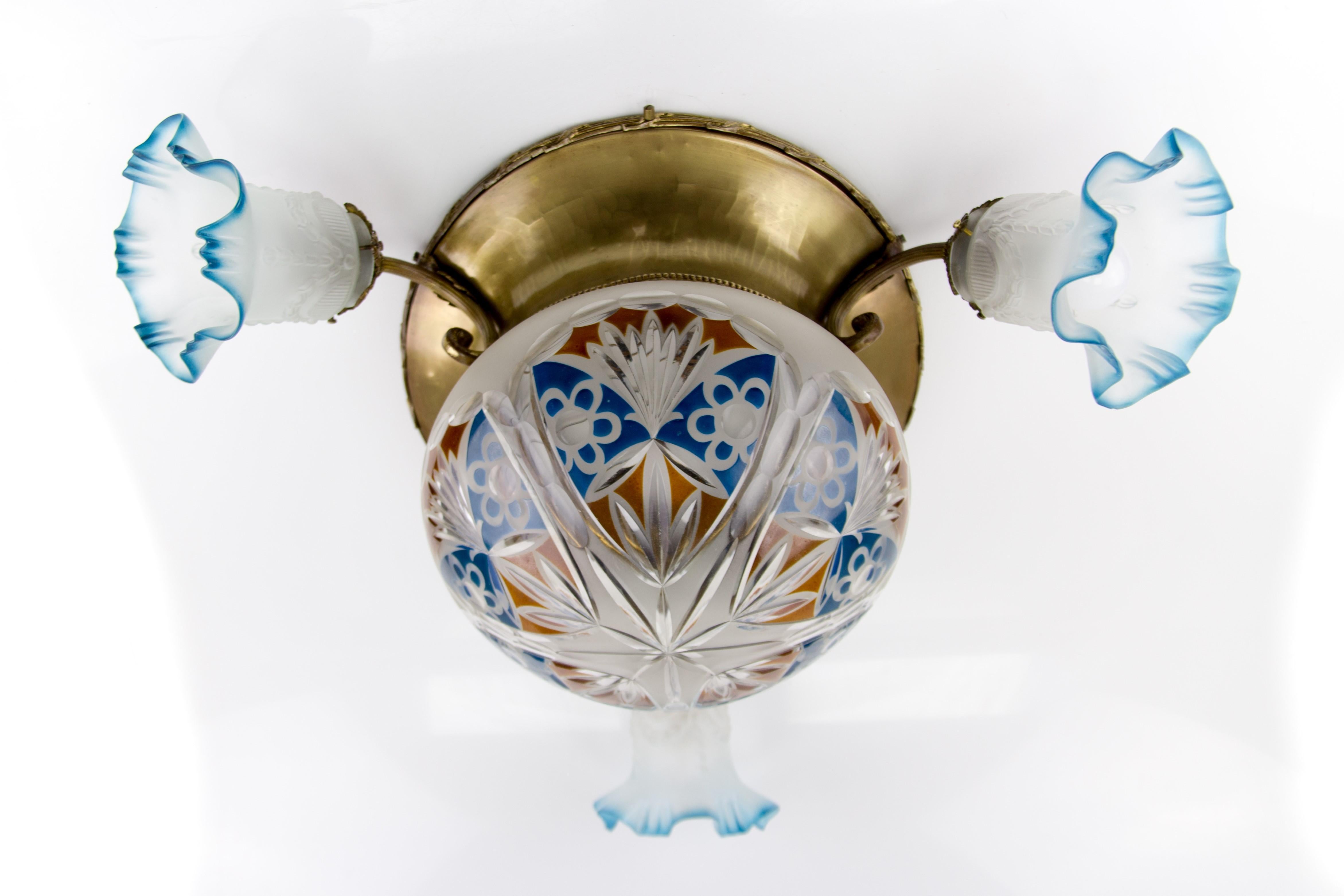 Mid-20th Century Art Nouveau Brass and Frosted White, Blue and Red Glass Four-Light Flush Mount
