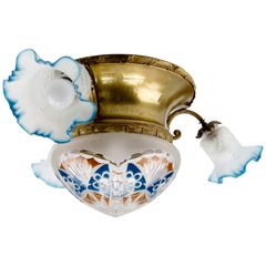 Art Nouveau Brass and Frosted White, Blue and Red Glass Four-Light Flush Mount