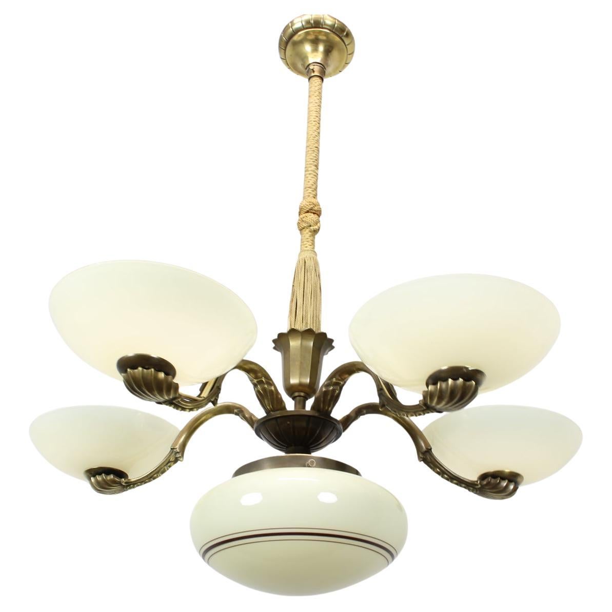 Art Nouveau Brass and Glass Chandelier, 1910s