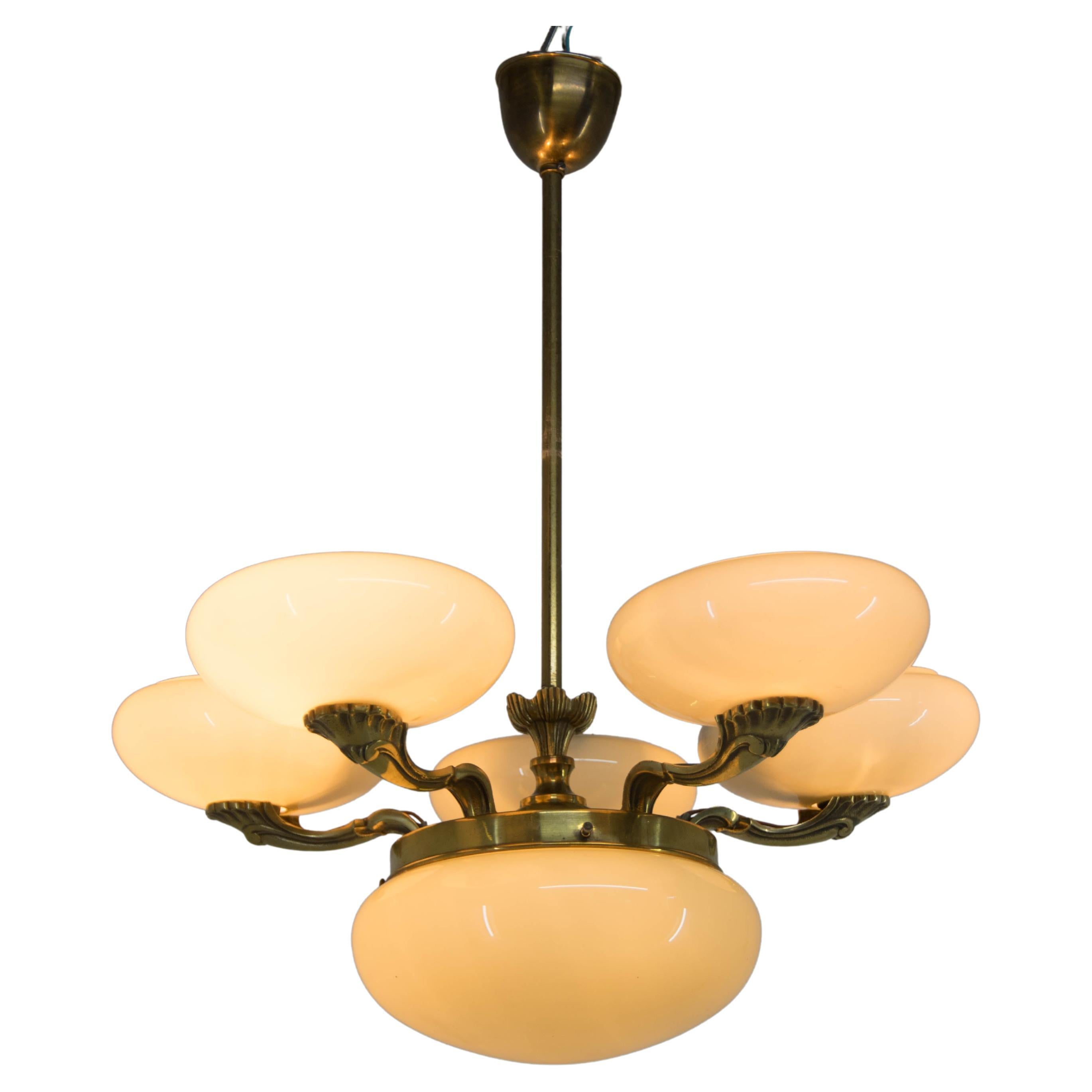 English Art Nouveau Brass with Opalescent Glass Chandelier at 1stDibs