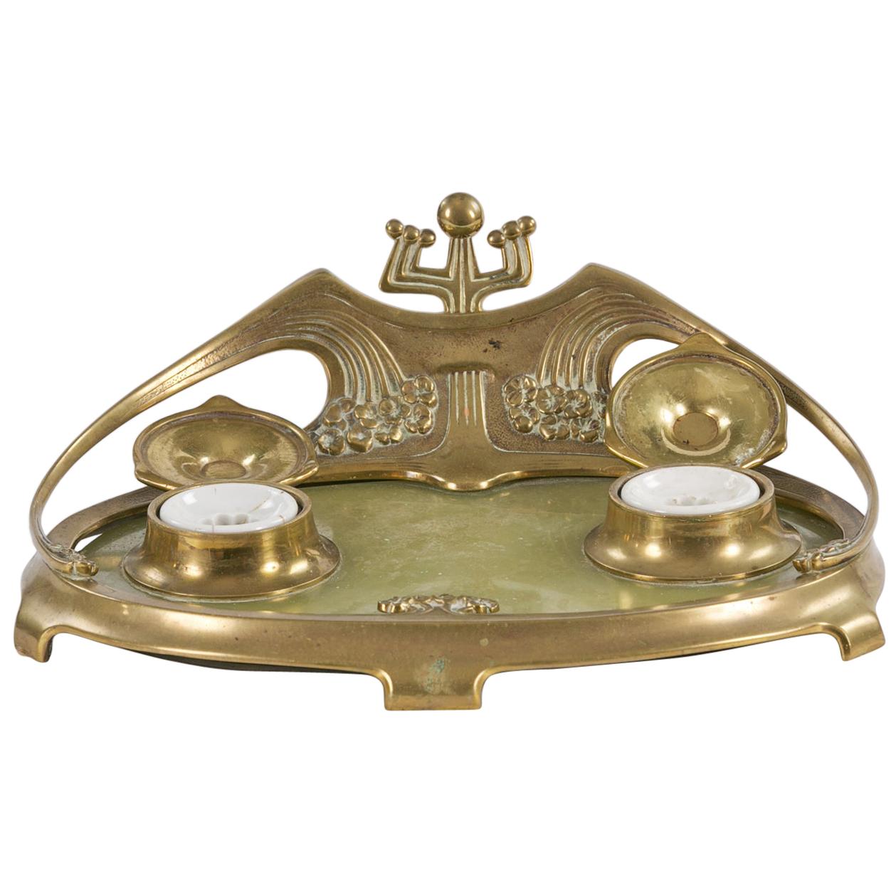 Art Nouveau Brass and Marble Desk Set after Herman Eichberg