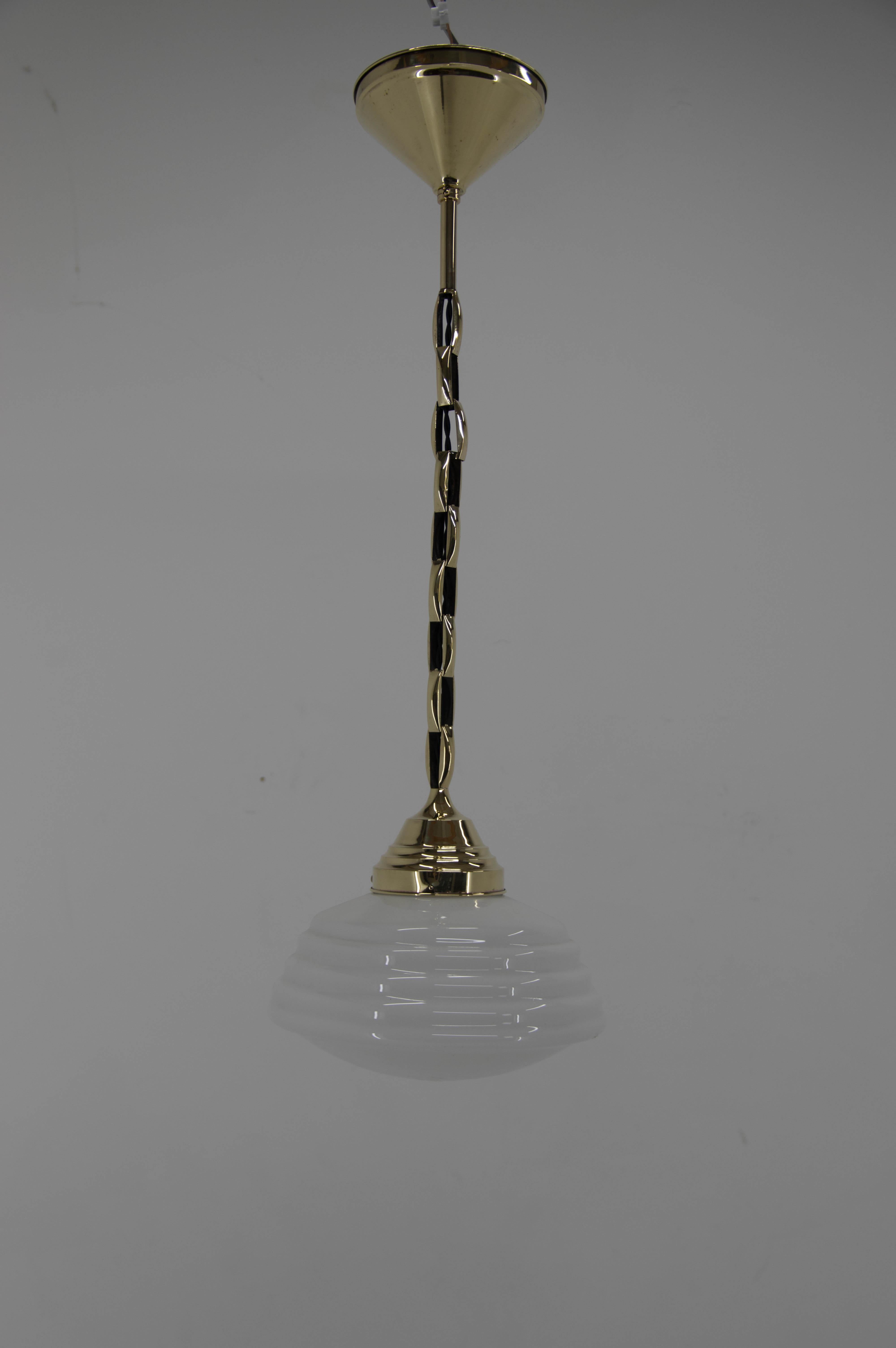 European Art Nouveau Brass and Opaline Glass Pendant, 1920s For Sale