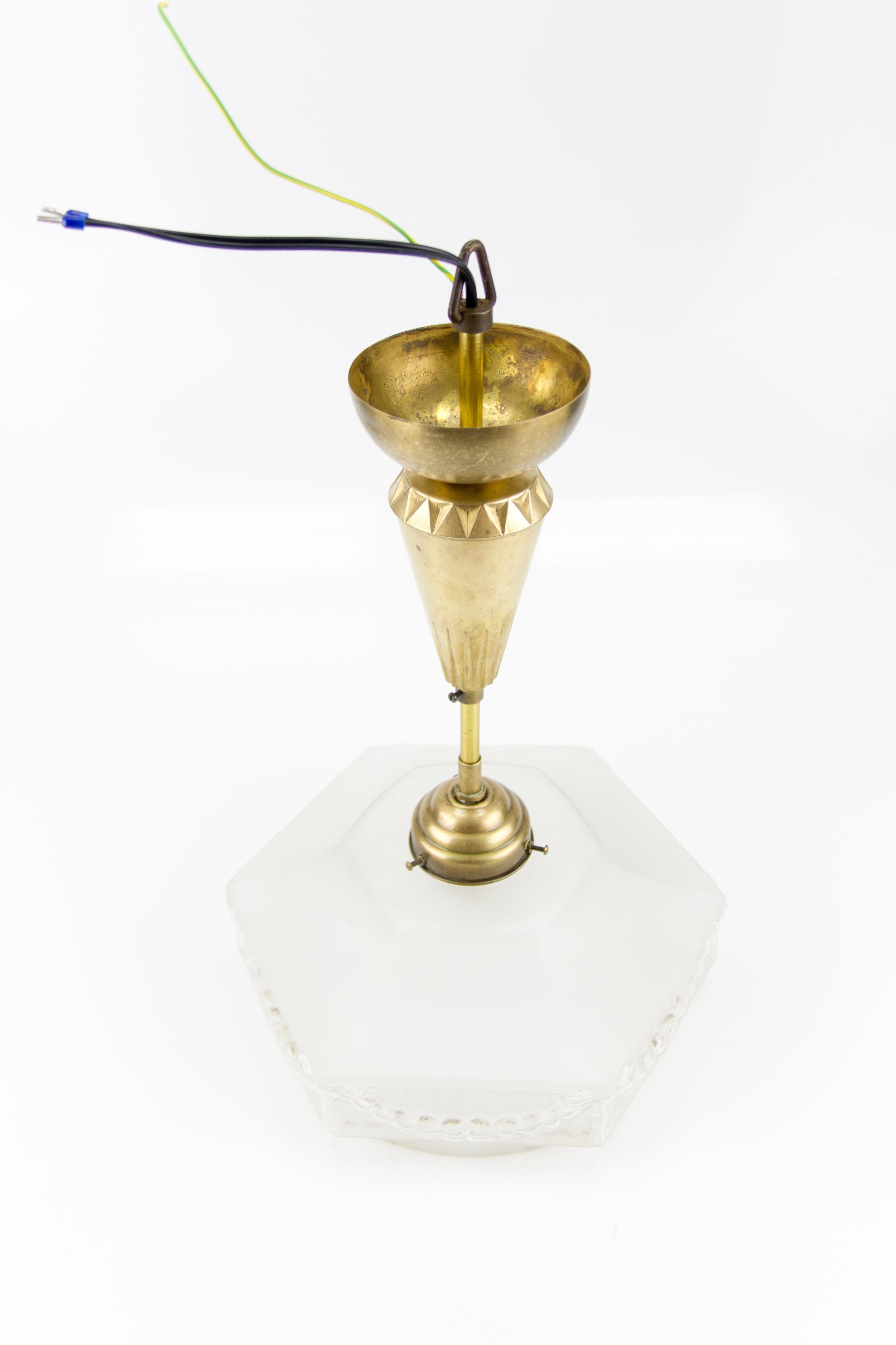 Art Nouveau Brass and White Frosted Glass Pendant Light, 1920s 7
