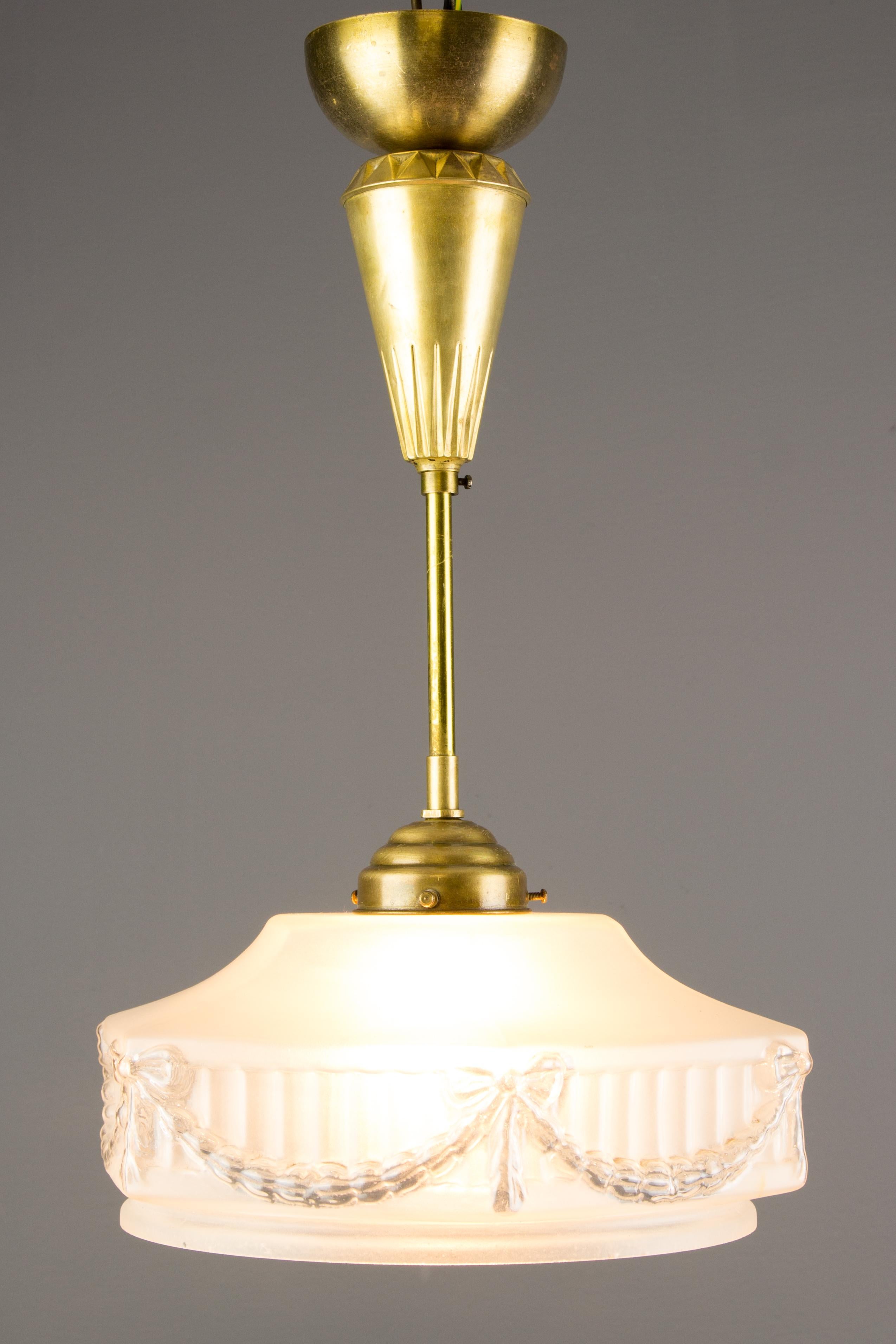 French Art Nouveau Brass and White Frosted Glass Pendant Light, 1920s