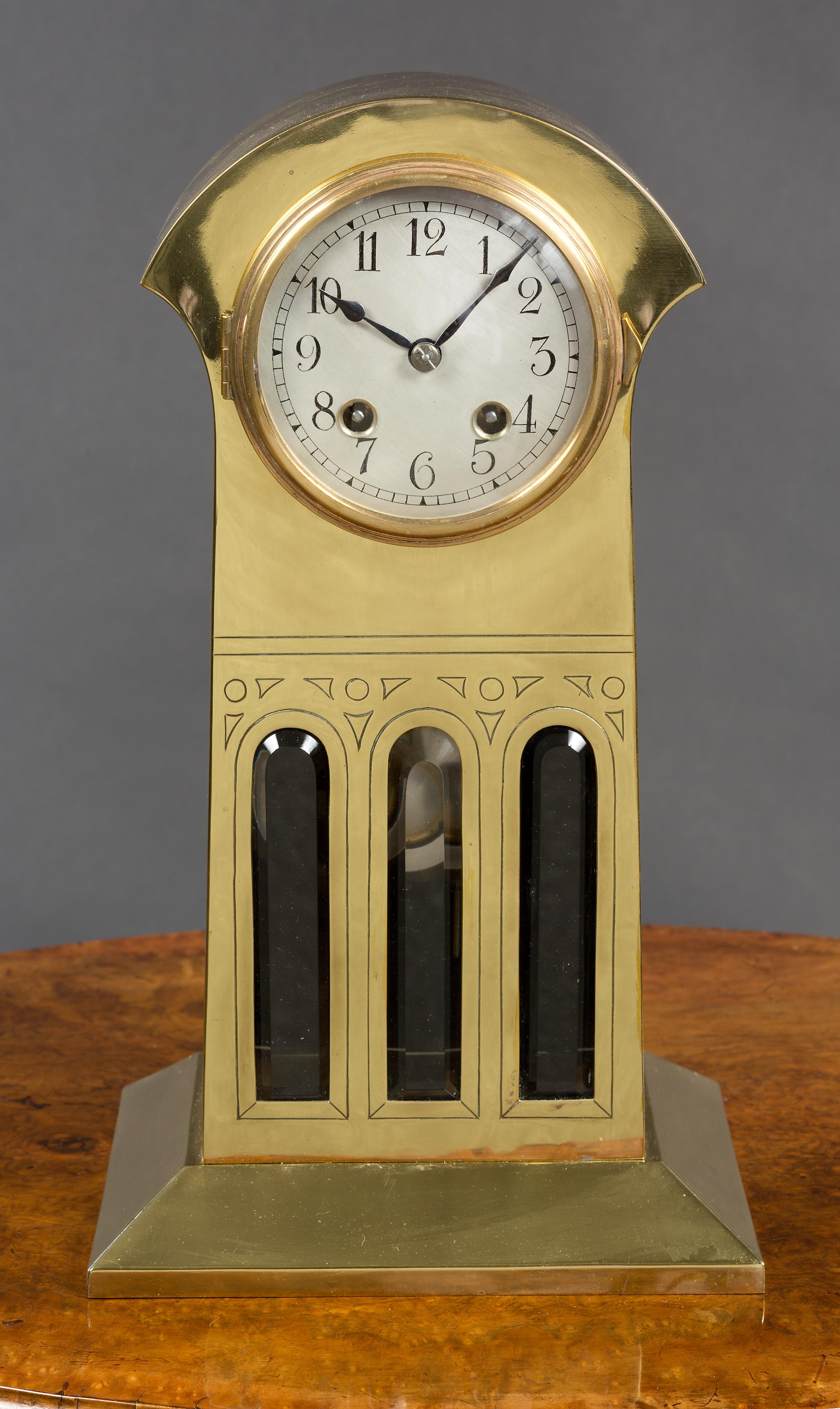 English Art Nouveau Brass Cased Mantel Clock
