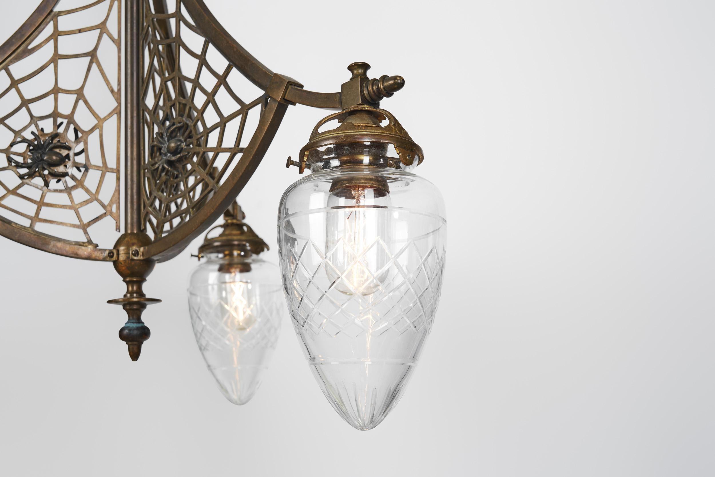 Art Nouveau Brass Ceiling Lamp with Glass Shades and Spider Nets, Europe 1900s For Sale 7