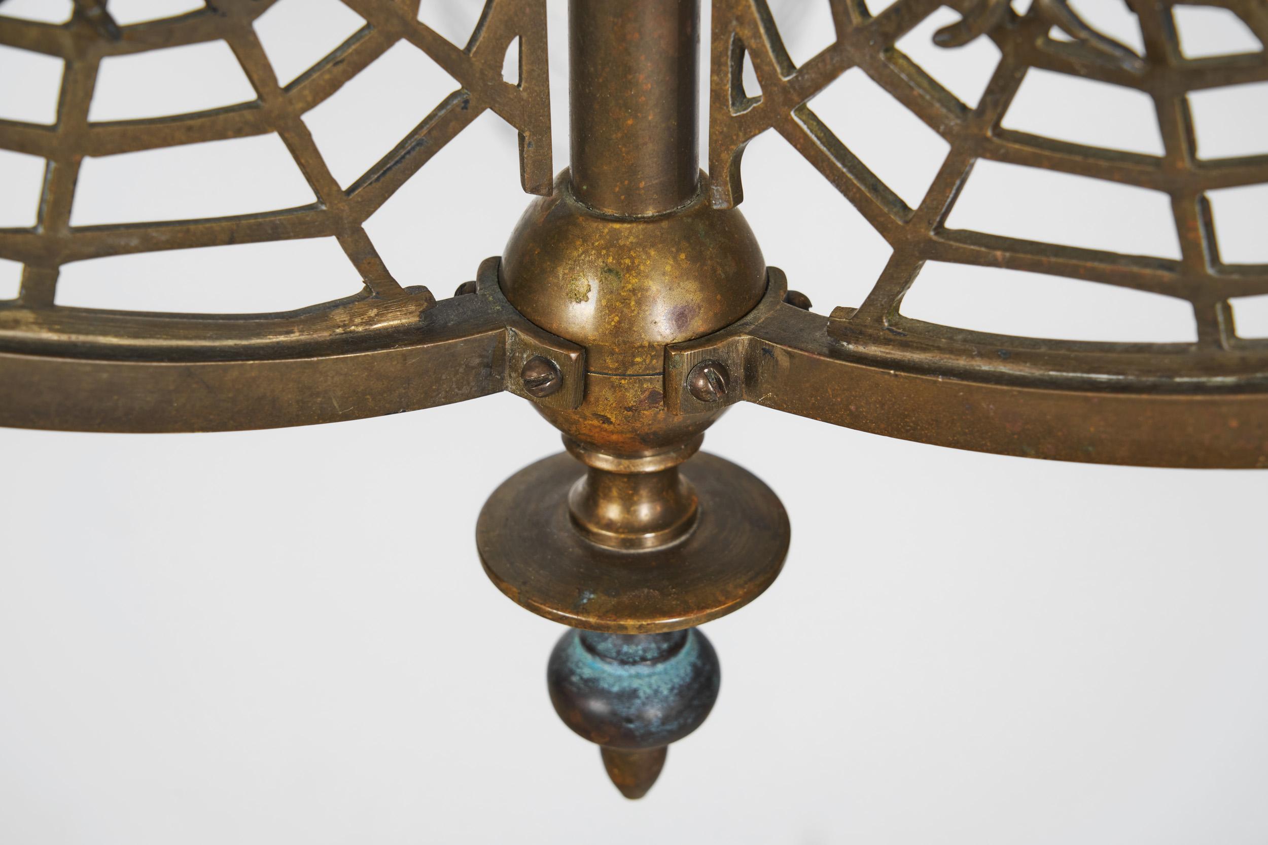 Art Nouveau Brass Ceiling Lamp with Glass Shades and Spider Nets, Europe 1900s For Sale 14