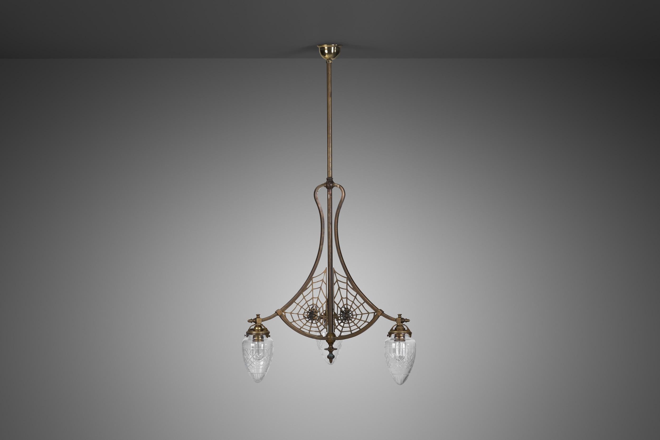 European Art Nouveau Brass Ceiling Lamp with Glass Shades and Spider Nets, Europe 1900s For Sale