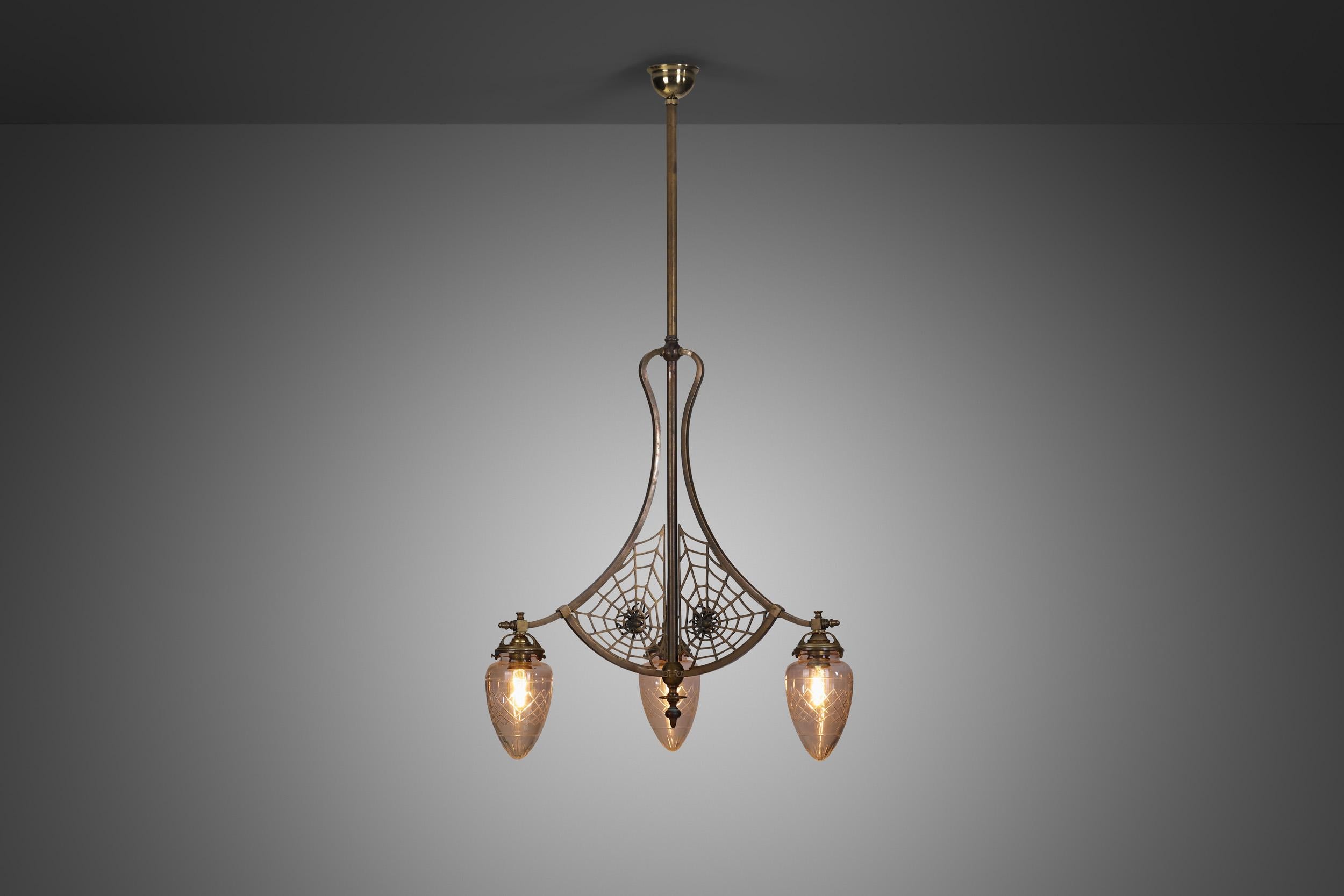 Art Nouveau Brass Ceiling Lamp with Glass Shades and Spider Nets, Europe 1900s For Sale 1