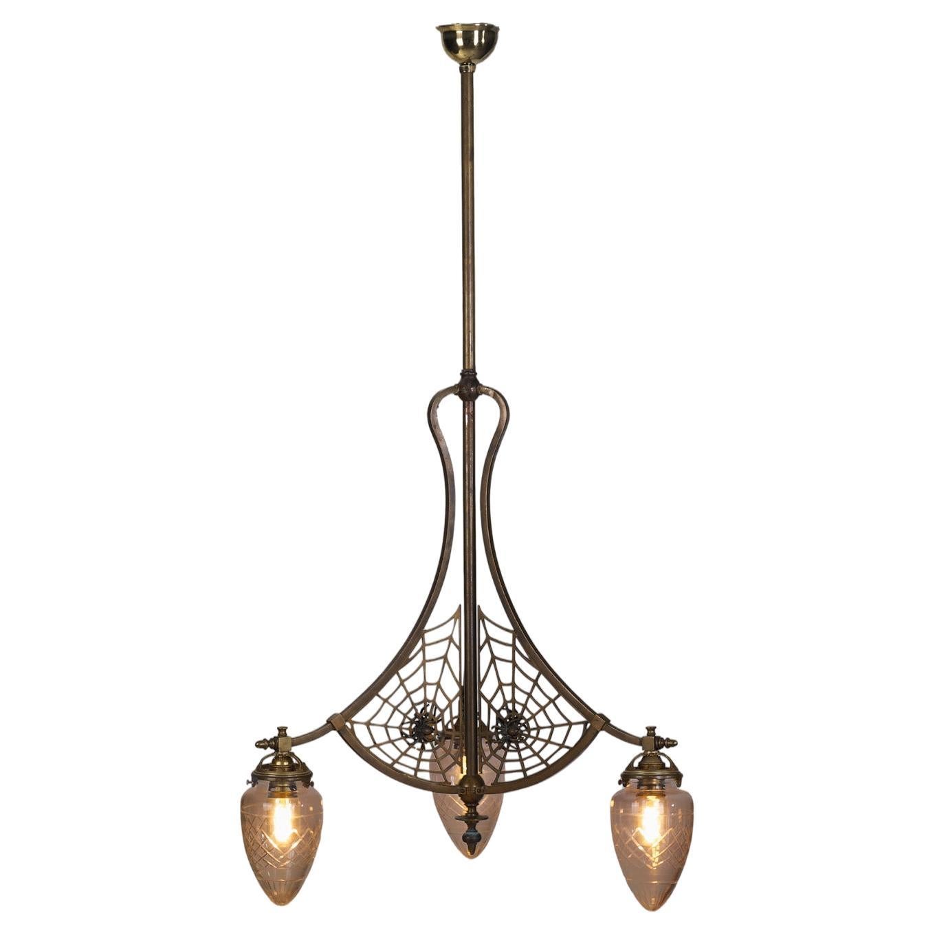 Art Nouveau Brass Ceiling Lamp with Glass Shades and Spider Nets, Europe 1900s For Sale