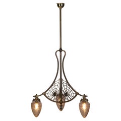 Art Nouveau Brass Ceiling Lamp with Glass Shades and Spider Nets, Europe 1900s