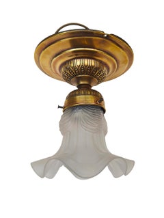 Art Nouveau Brass Ceiling Light with Frosted Glass Shade, circa 1900