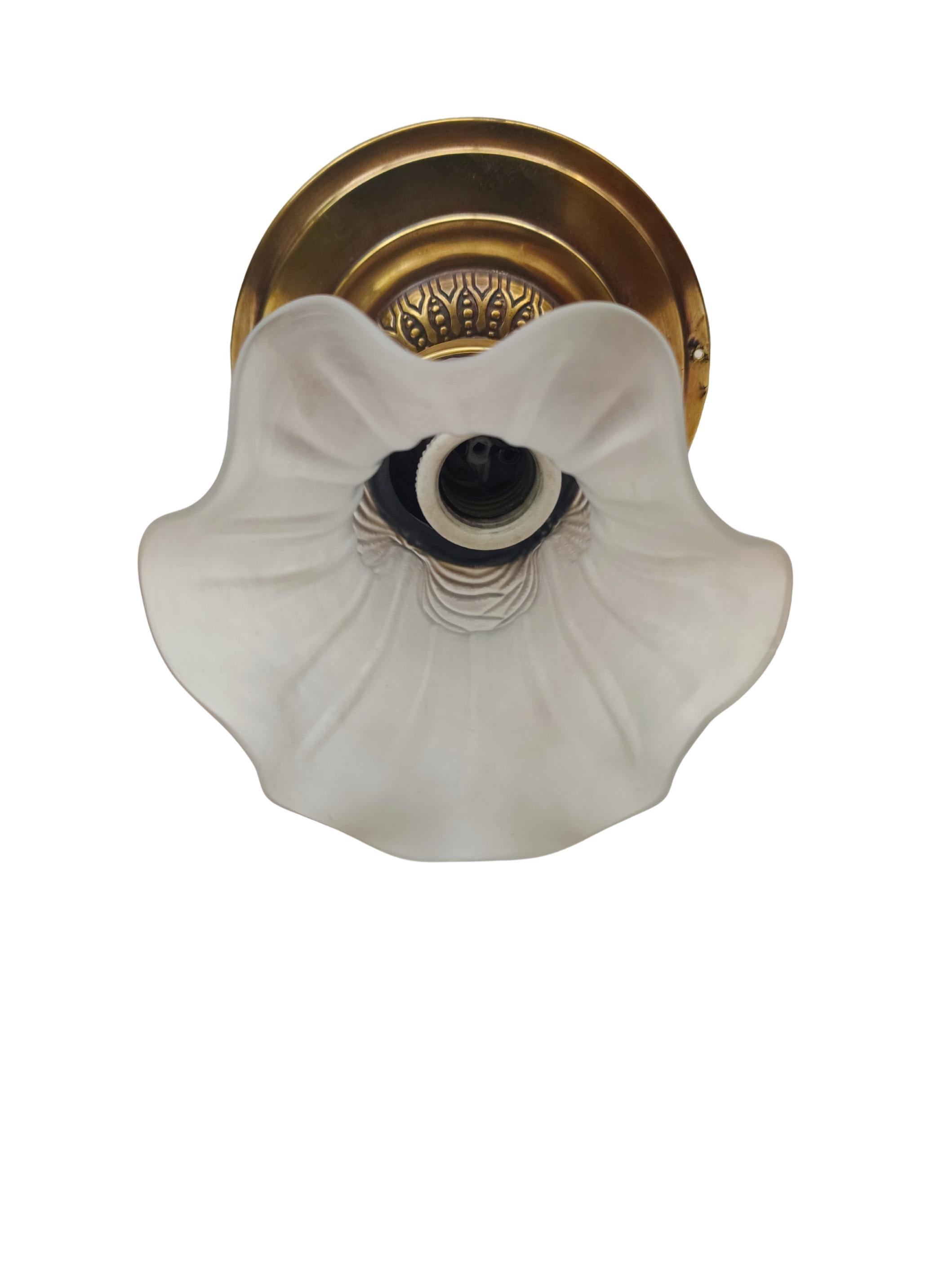 Tedesco Art Nouveau Brass Ceiling Light with Frosted Glass Shade, circa 1900 in vendita
