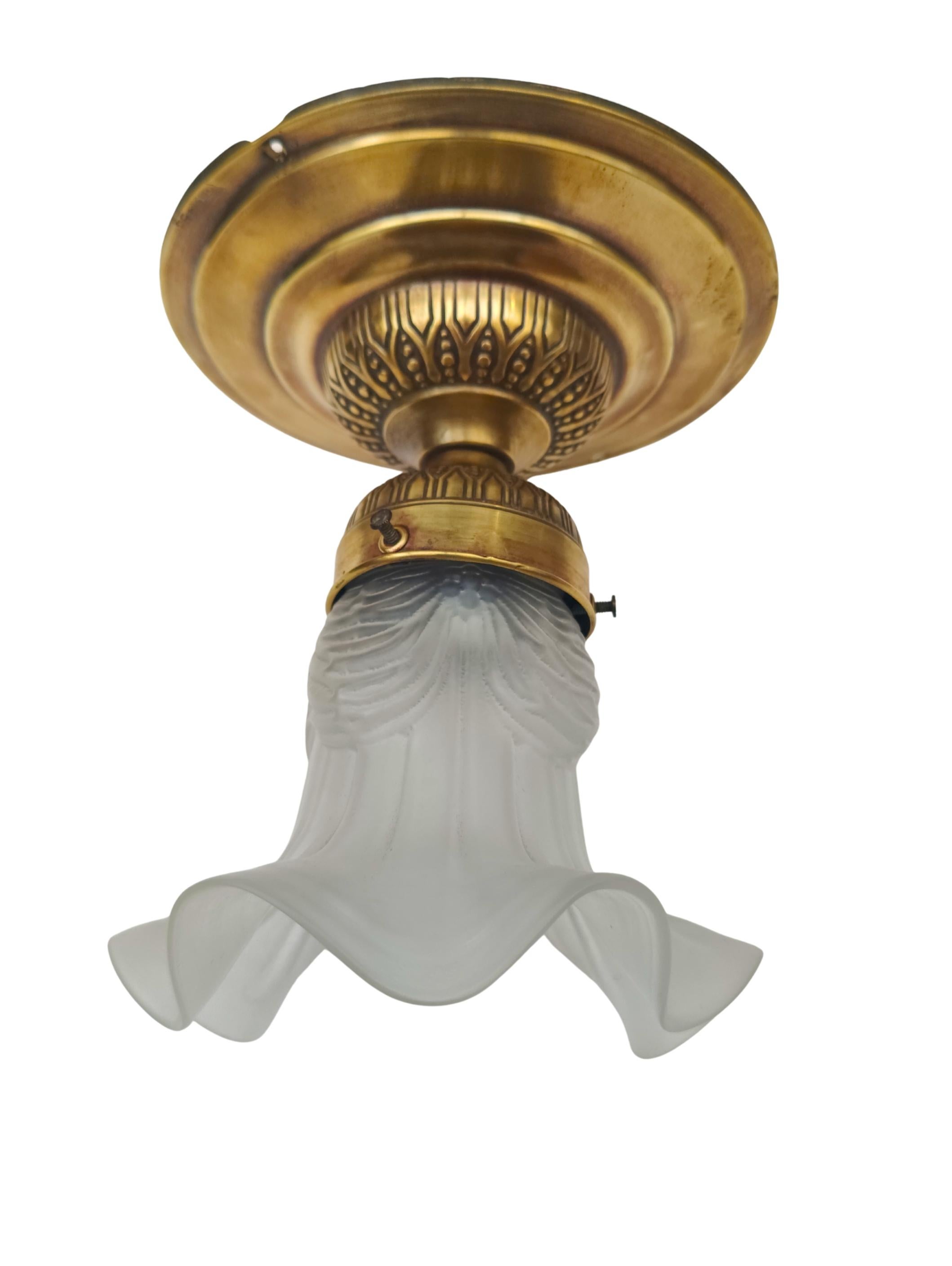 XX secolo Art Nouveau Brass Ceiling Light with Frosted Glass Shade, circa 1900 in vendita