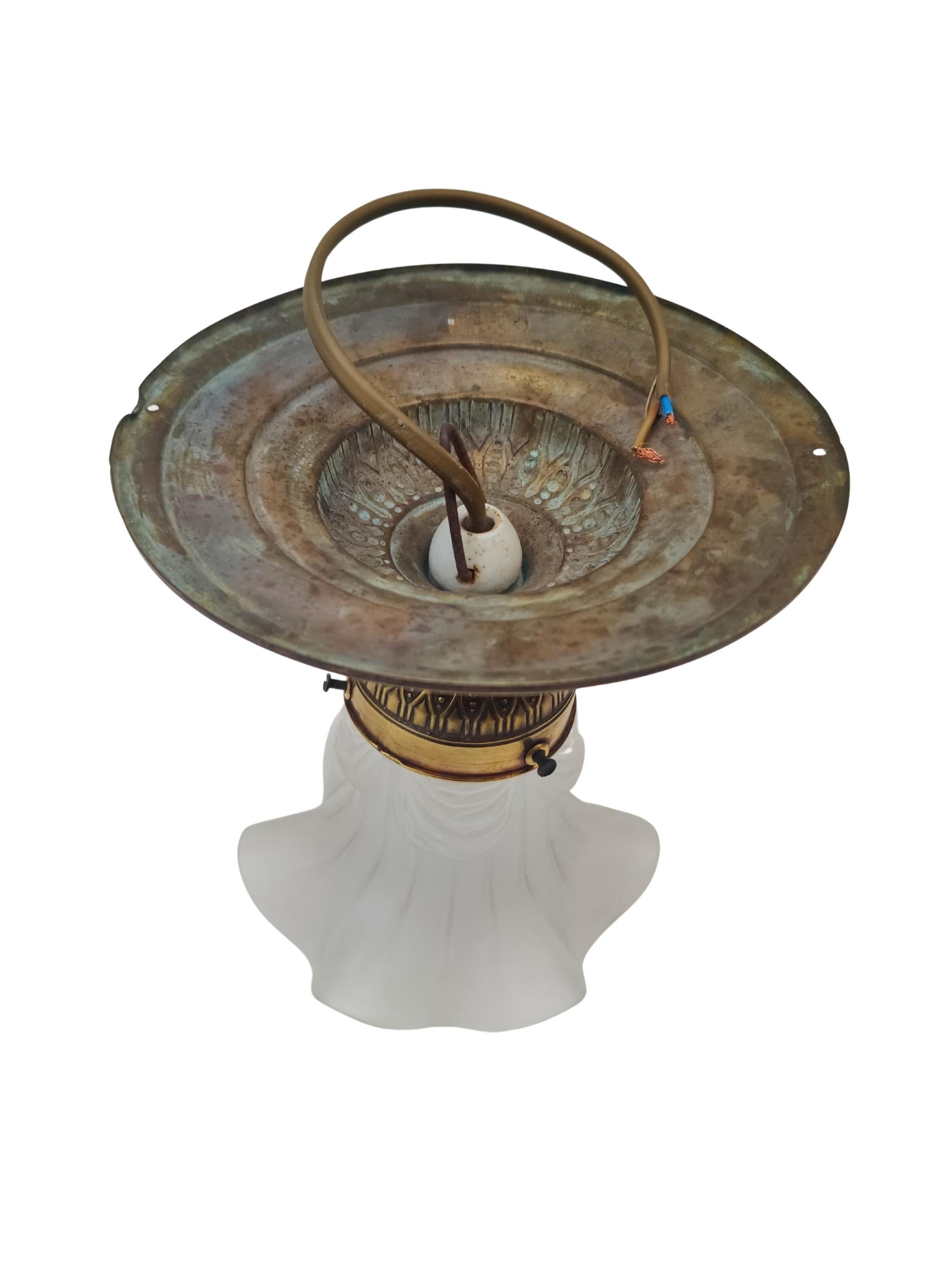 Ottone Art Nouveau Brass Ceiling Light with Frosted Glass Shade, circa 1900 in vendita
