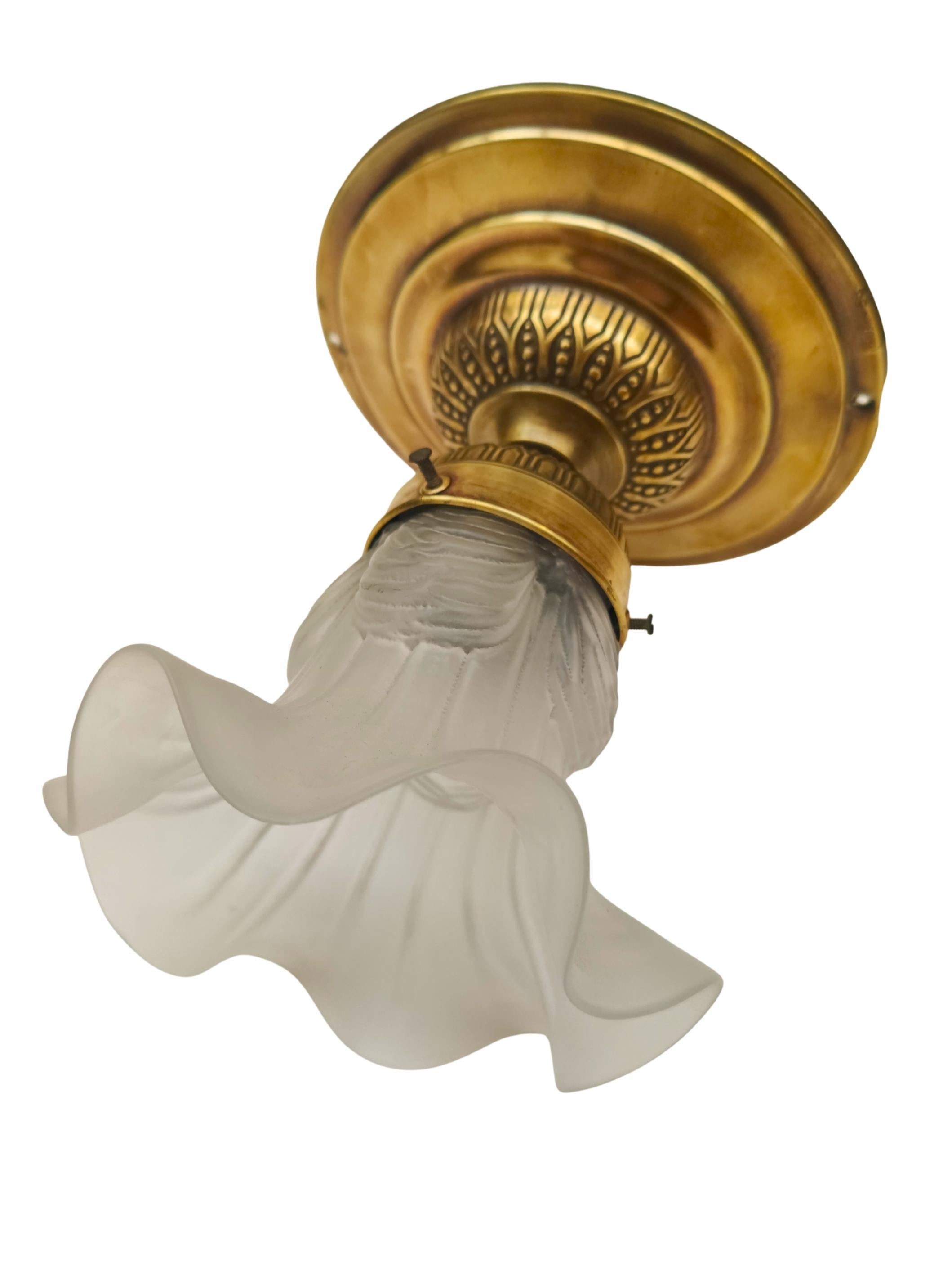 Art Nouveau Brass Ceiling Light with Frosted Glass Shade, circa 1900 in vendita 2