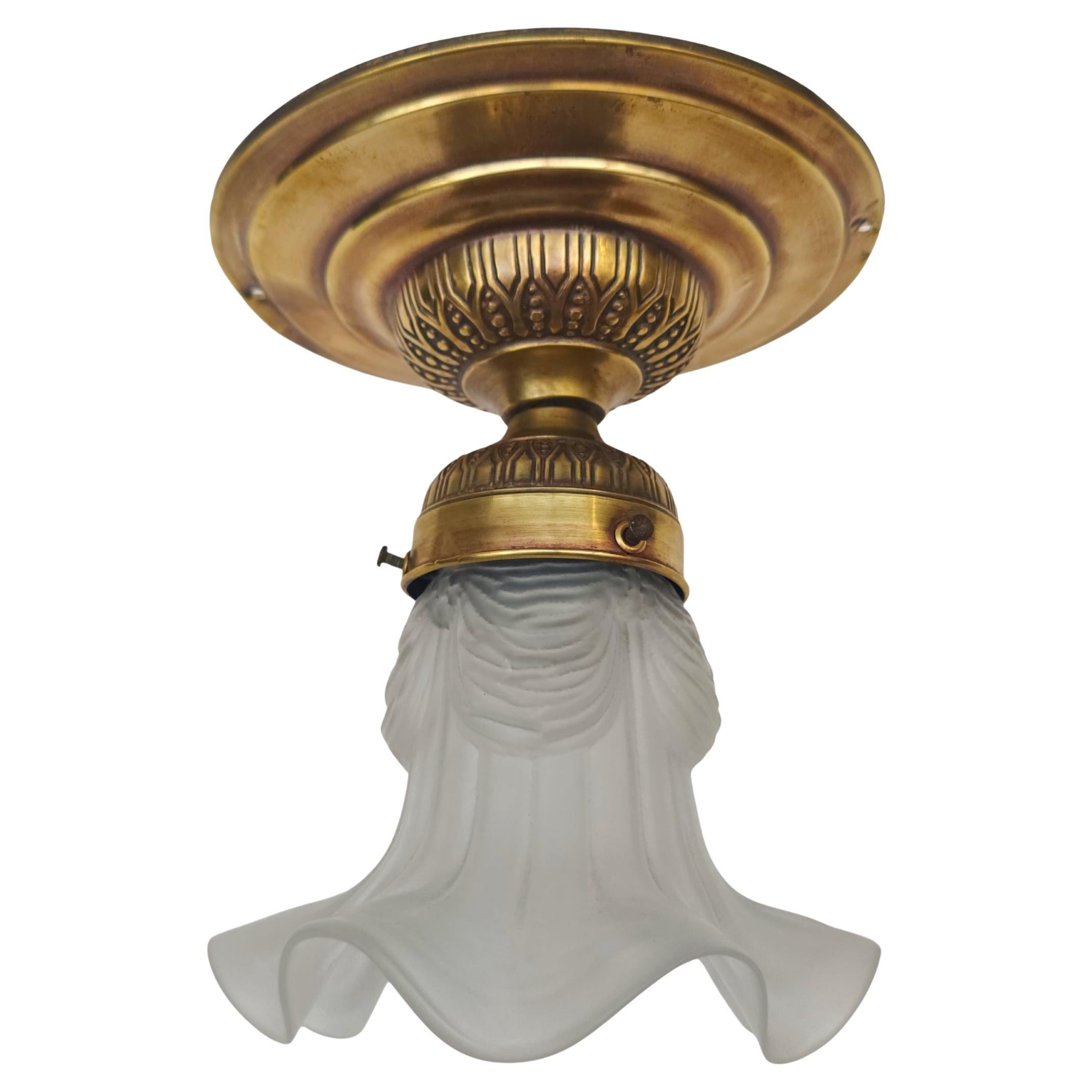 Art Nouveau Brass Ceiling Light with Frosted Glass Shade, circa 1900 in vendita