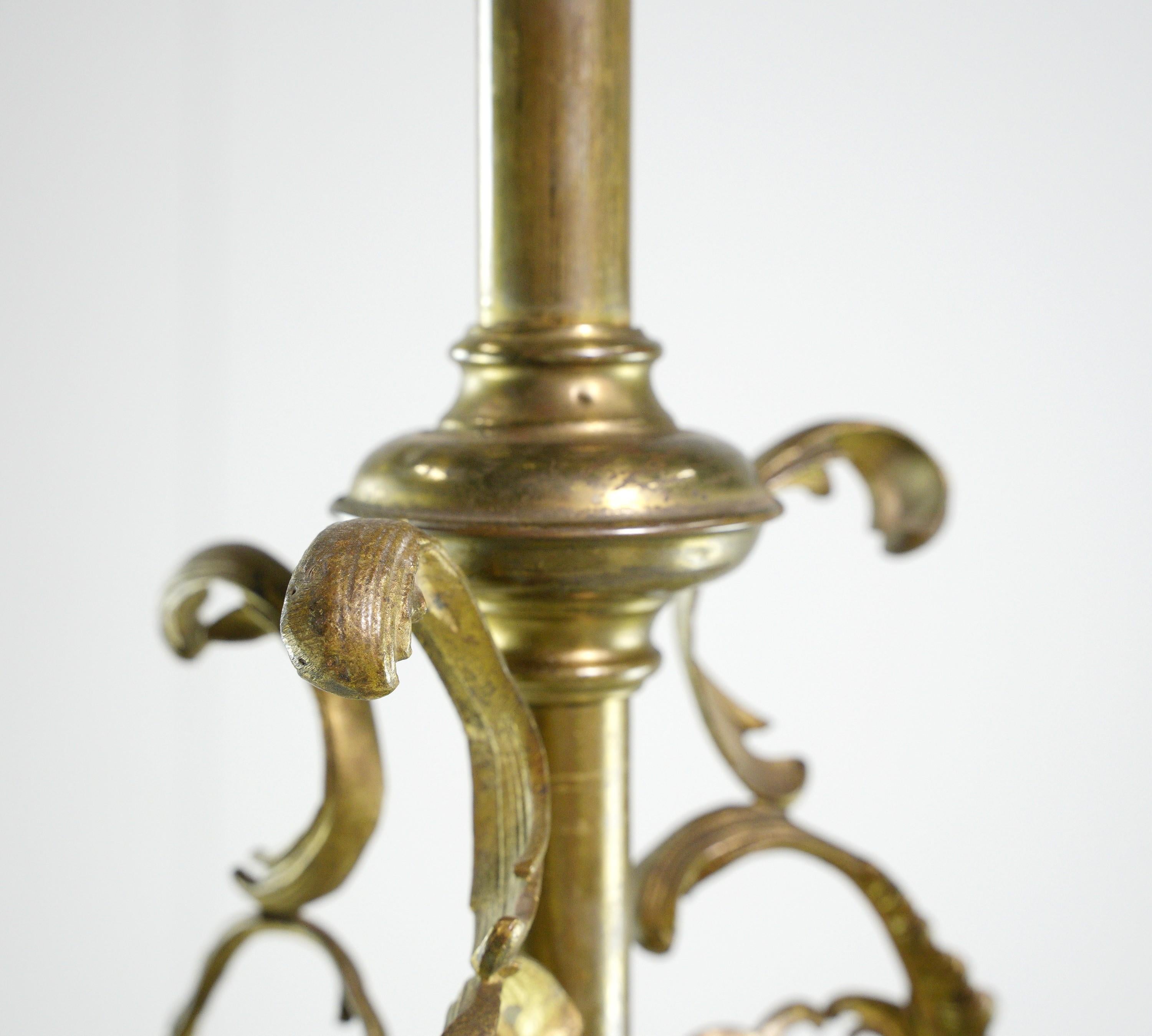 Art Nouveau Brass Chandelier 3 Arm Ruffled Glass Shades 6