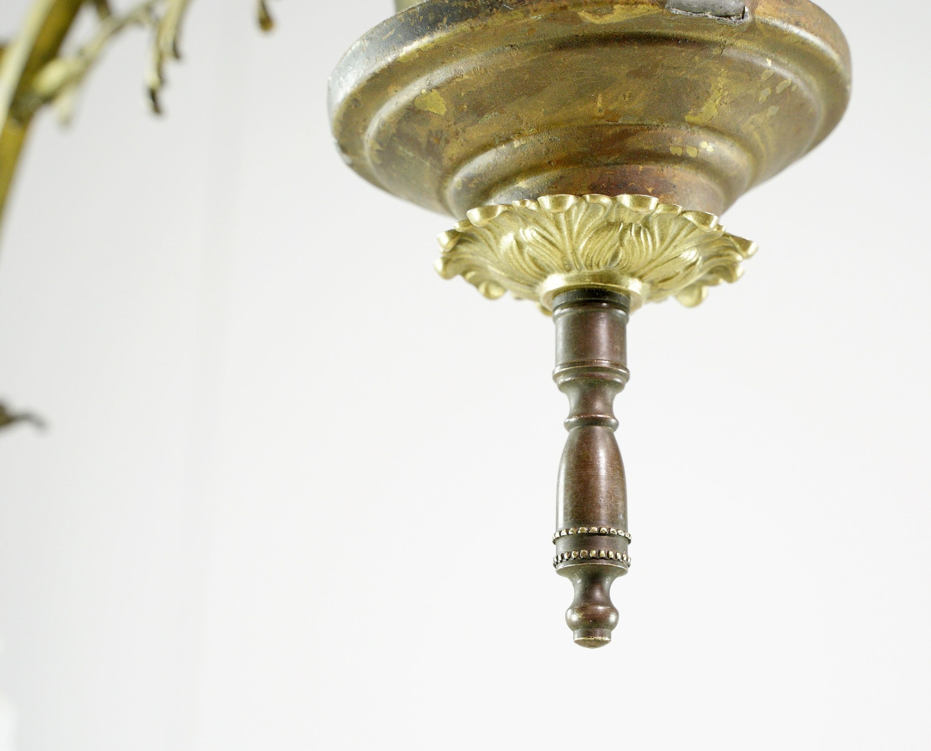 Art Nouveau Brass Chandelier 3 Arm Ruffled Glass Shades 9