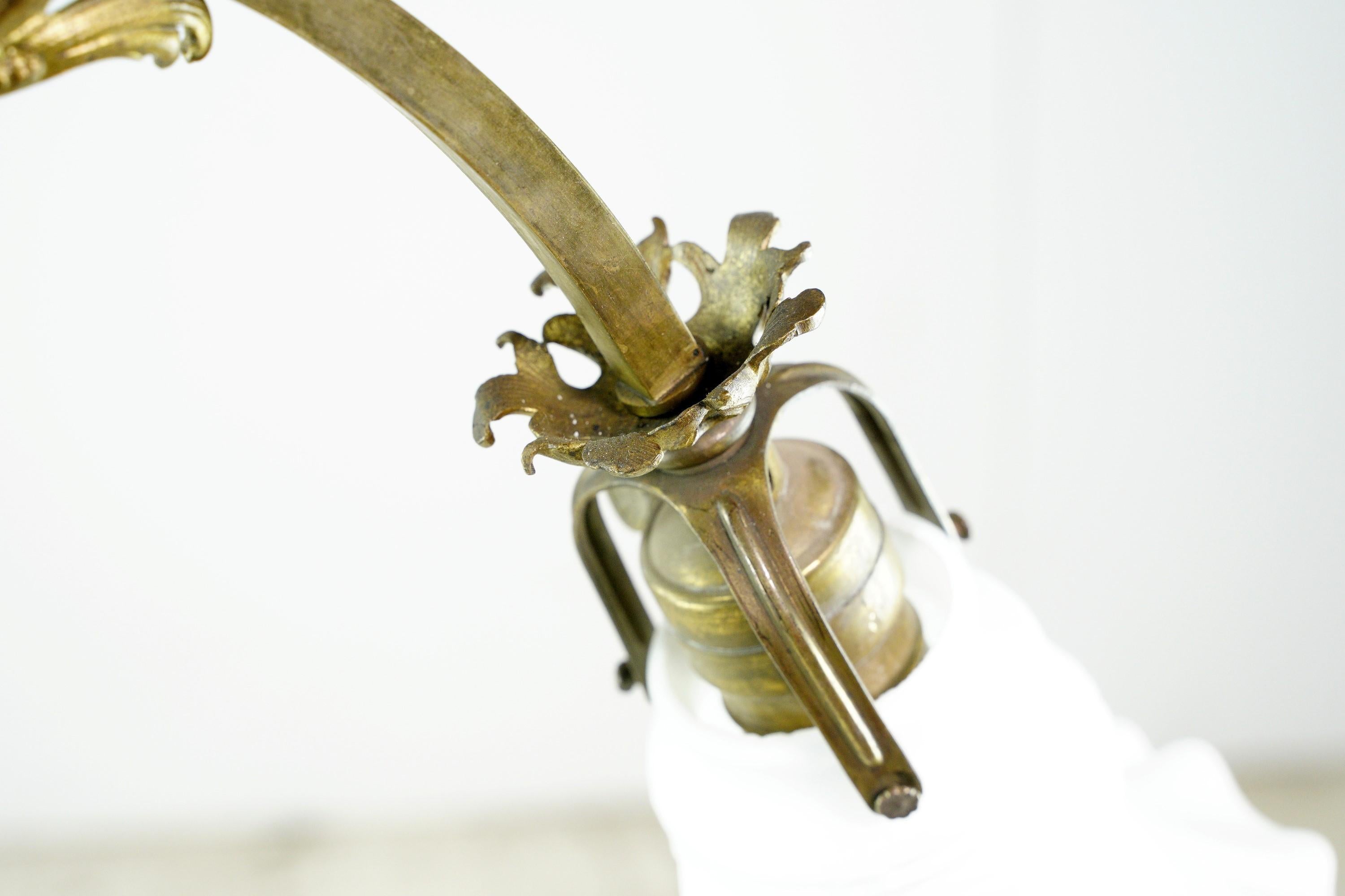 Art Nouveau Brass Chandelier 3 Arm Ruffled Glass Shades 11