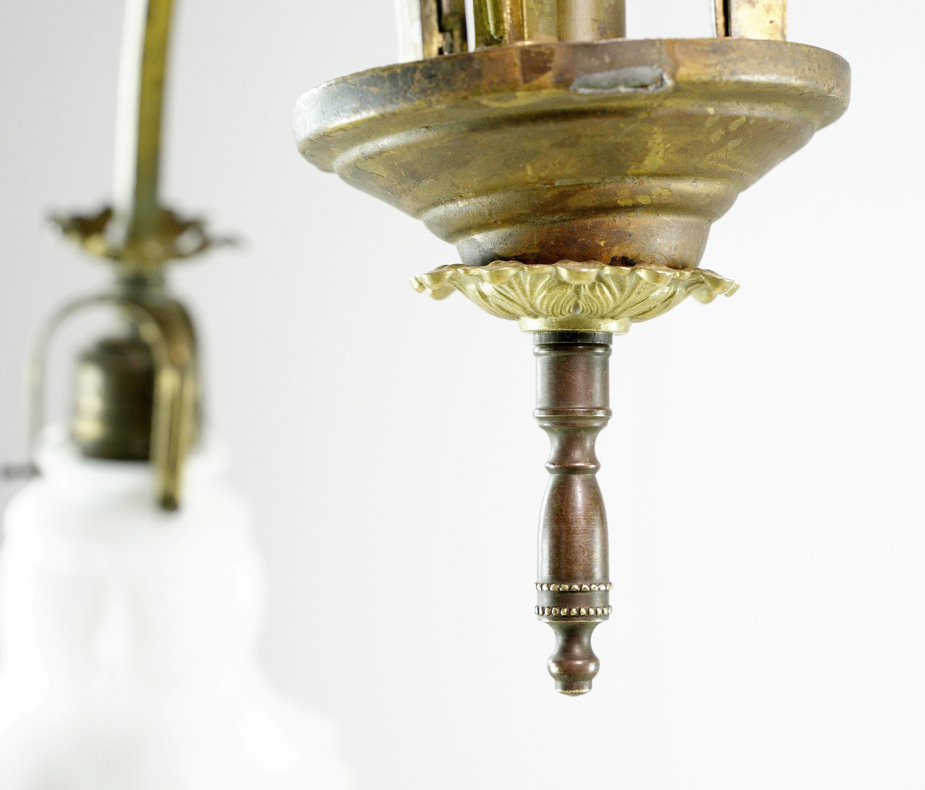 Art Nouveau Brass Chandelier 3 Arm Ruffled Glass Shades 12