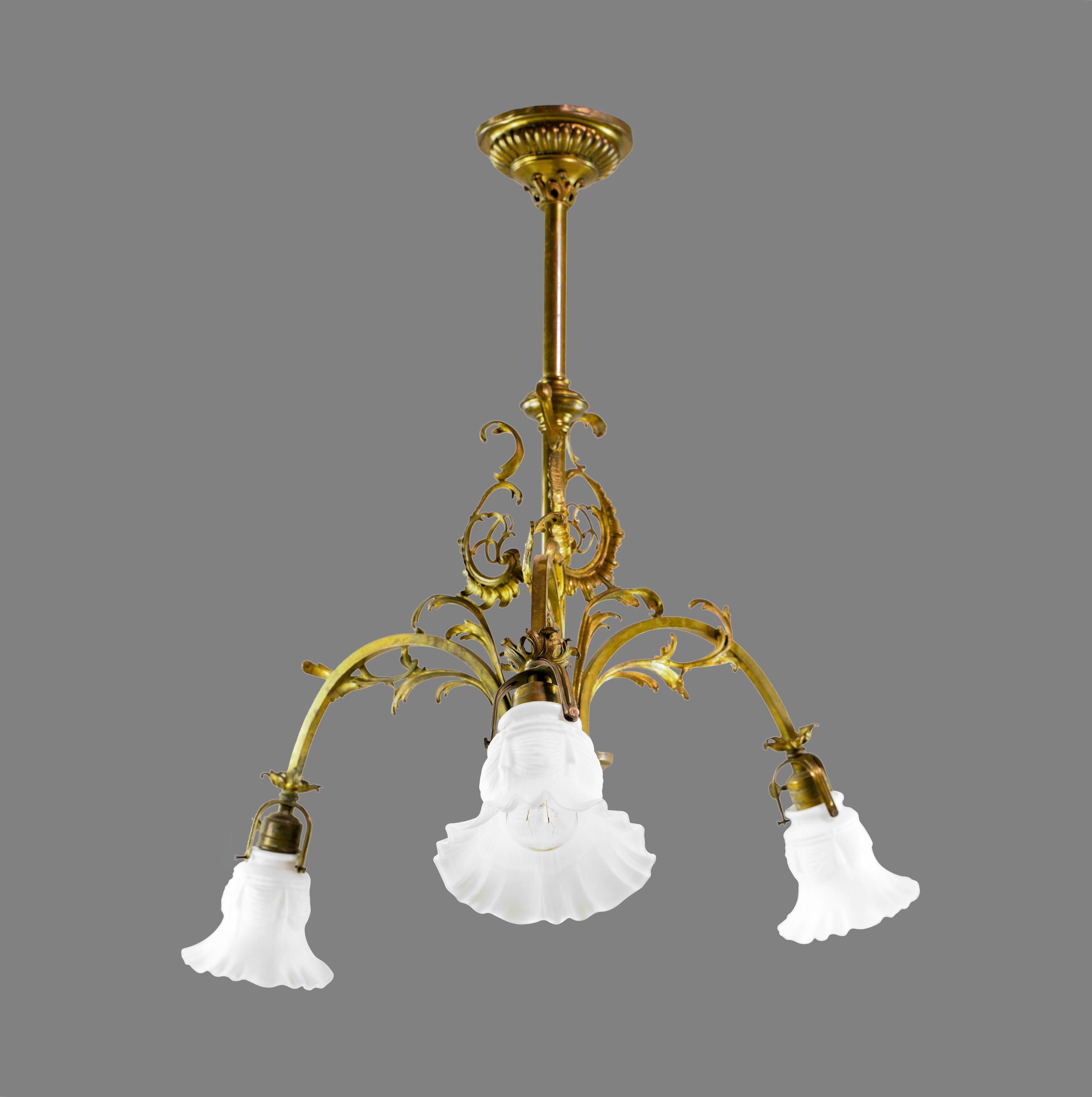 Art Nouveau Brass Chandelier 3 Arm Ruffled Glass Shades In Good Condition In New York, NY