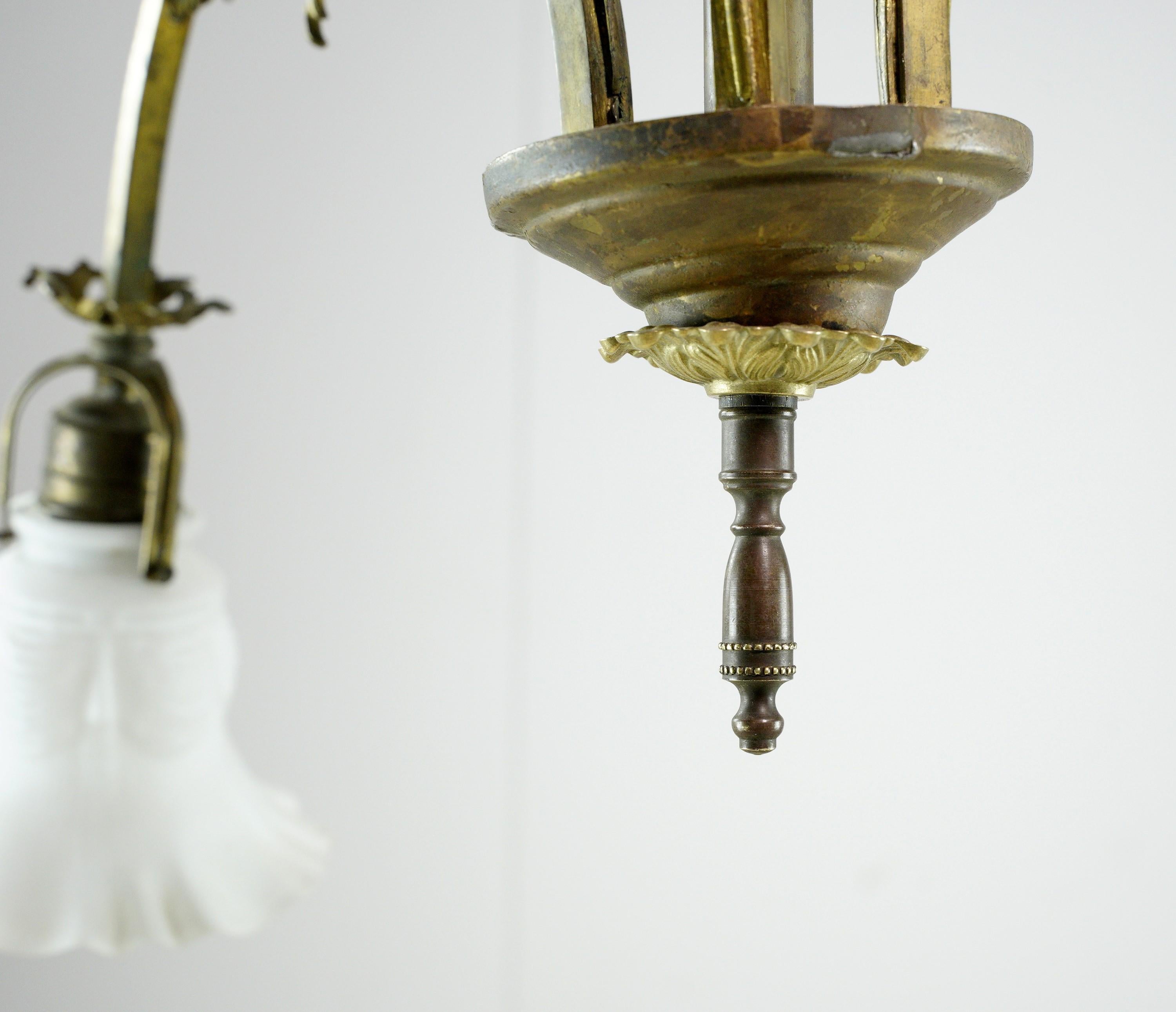 Art Nouveau Brass Chandelier 3 Arm Ruffled Glass Shades 1