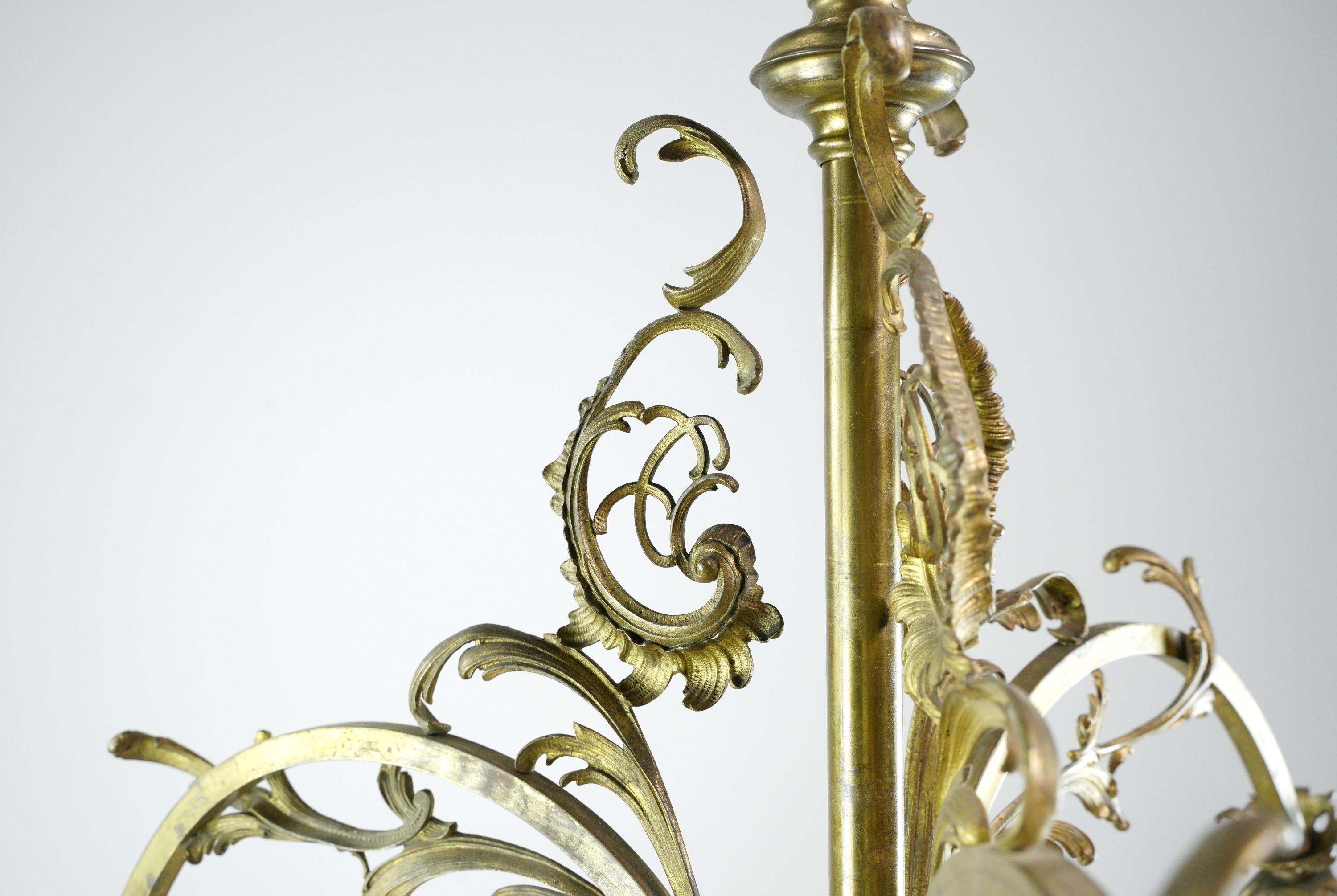 Art Nouveau Brass Chandelier 3 Arm Ruffled Glass Shades 2