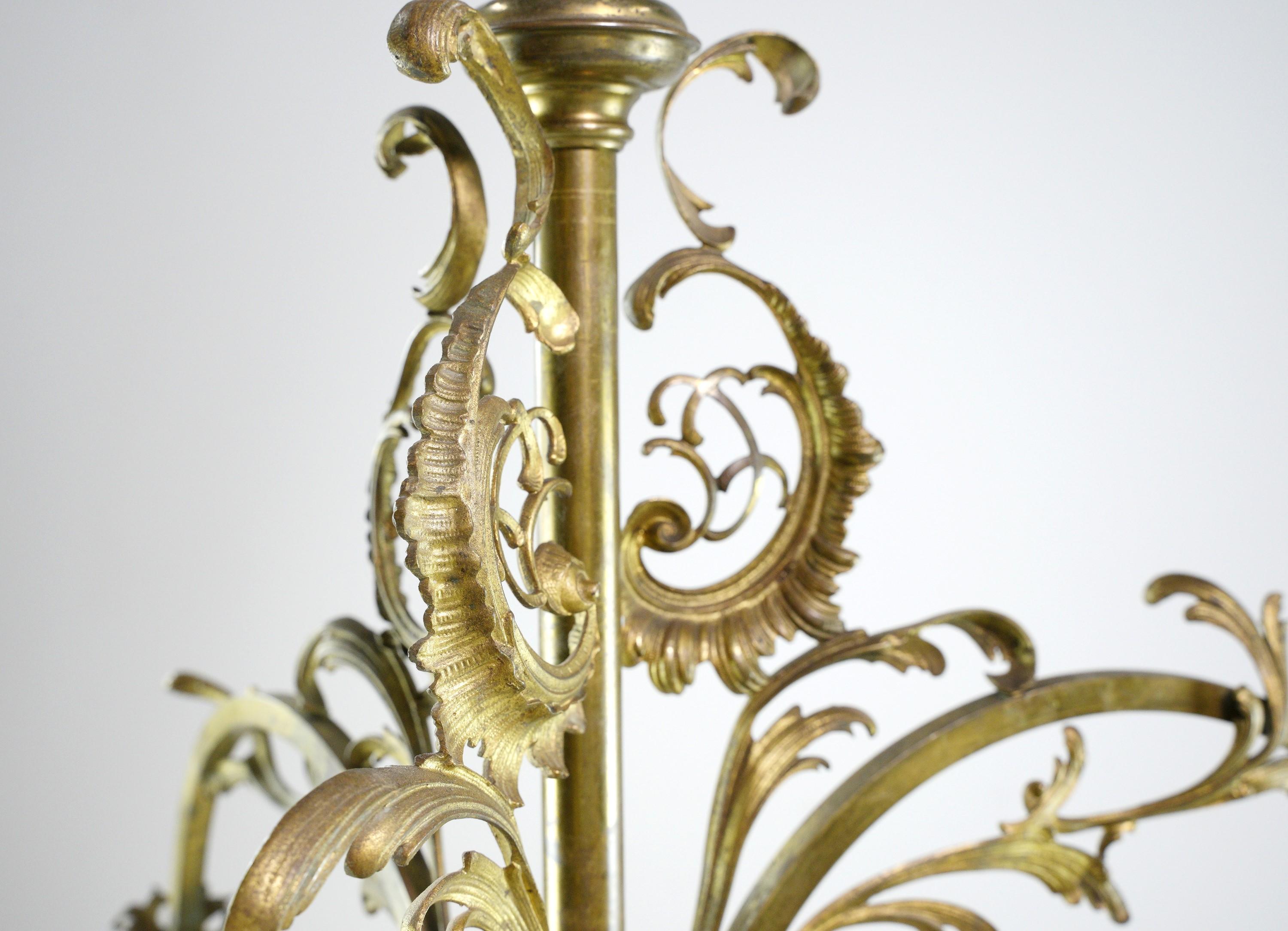 Art Nouveau Brass Chandelier 3 Arm Ruffled Glass Shades 3