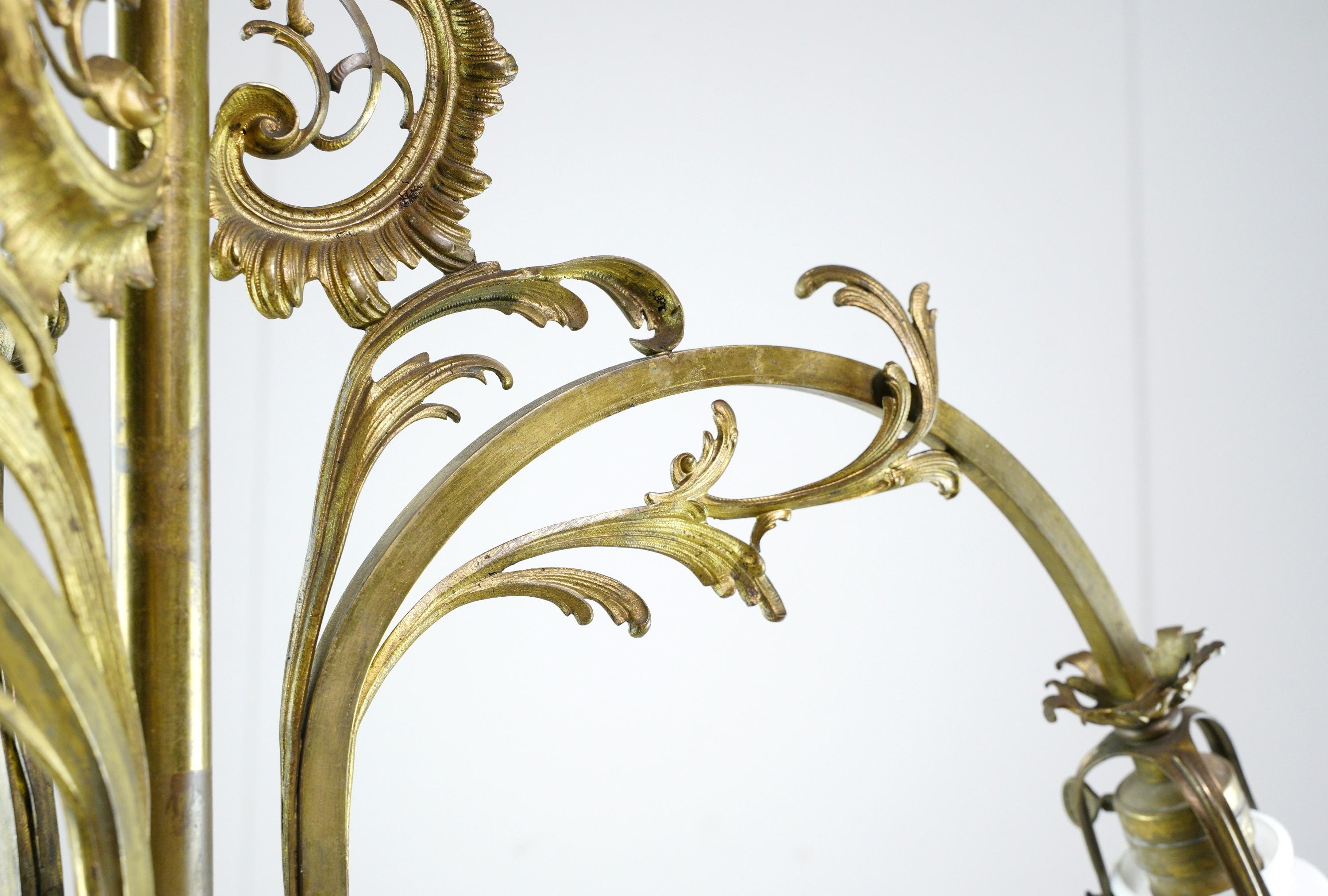 Art Nouveau Brass Chandelier 3 Arm Ruffled Glass Shades 4